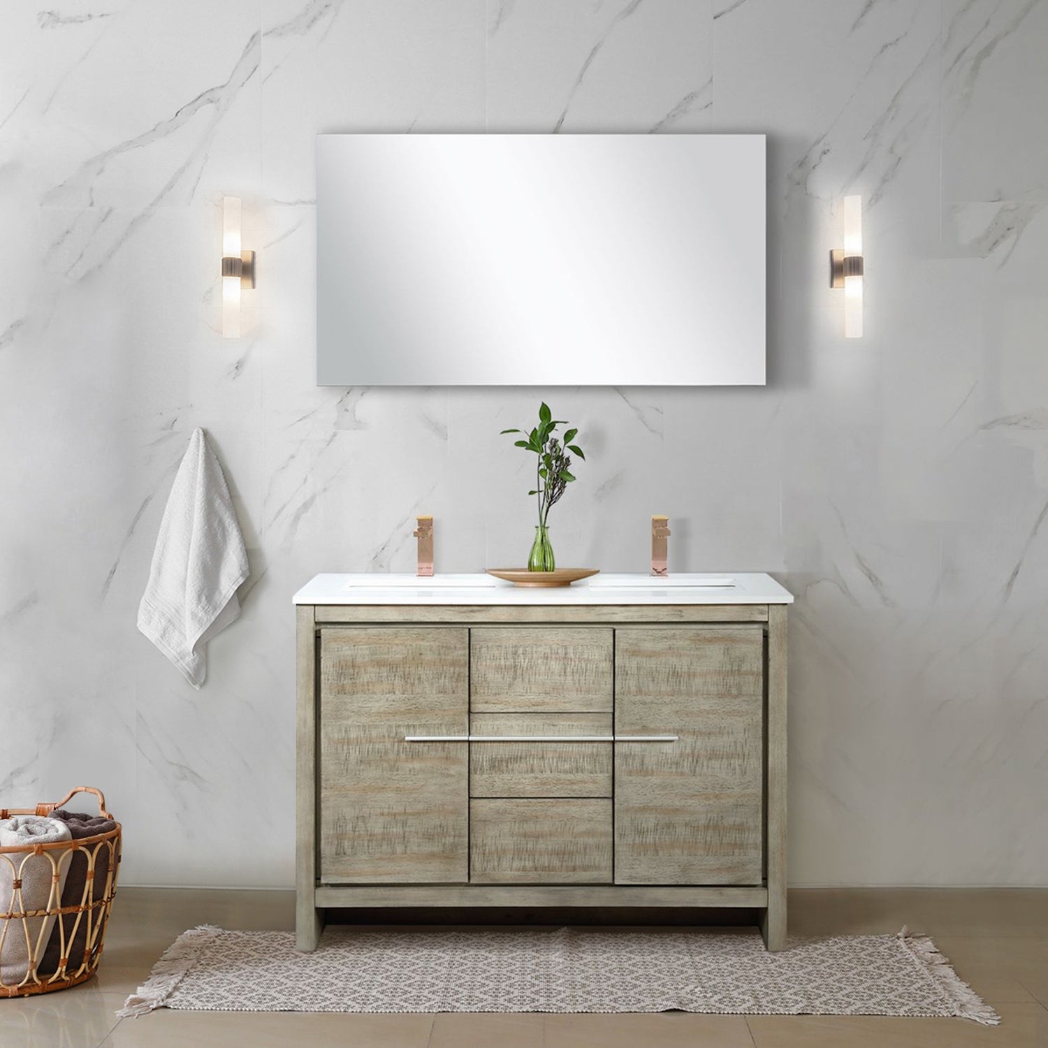 Rustic Acacia Double Bath Vanity 48 in. W x 20 in. D, Cultured Marble Top and Rose Gold Faucet Set