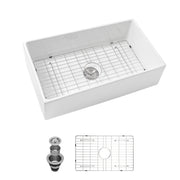 33 Inch White Ceramic Farmhouse Undermount Sink with Apron Front, Single Bowl, Stainless Steel Grid, 33x18x10 Inch