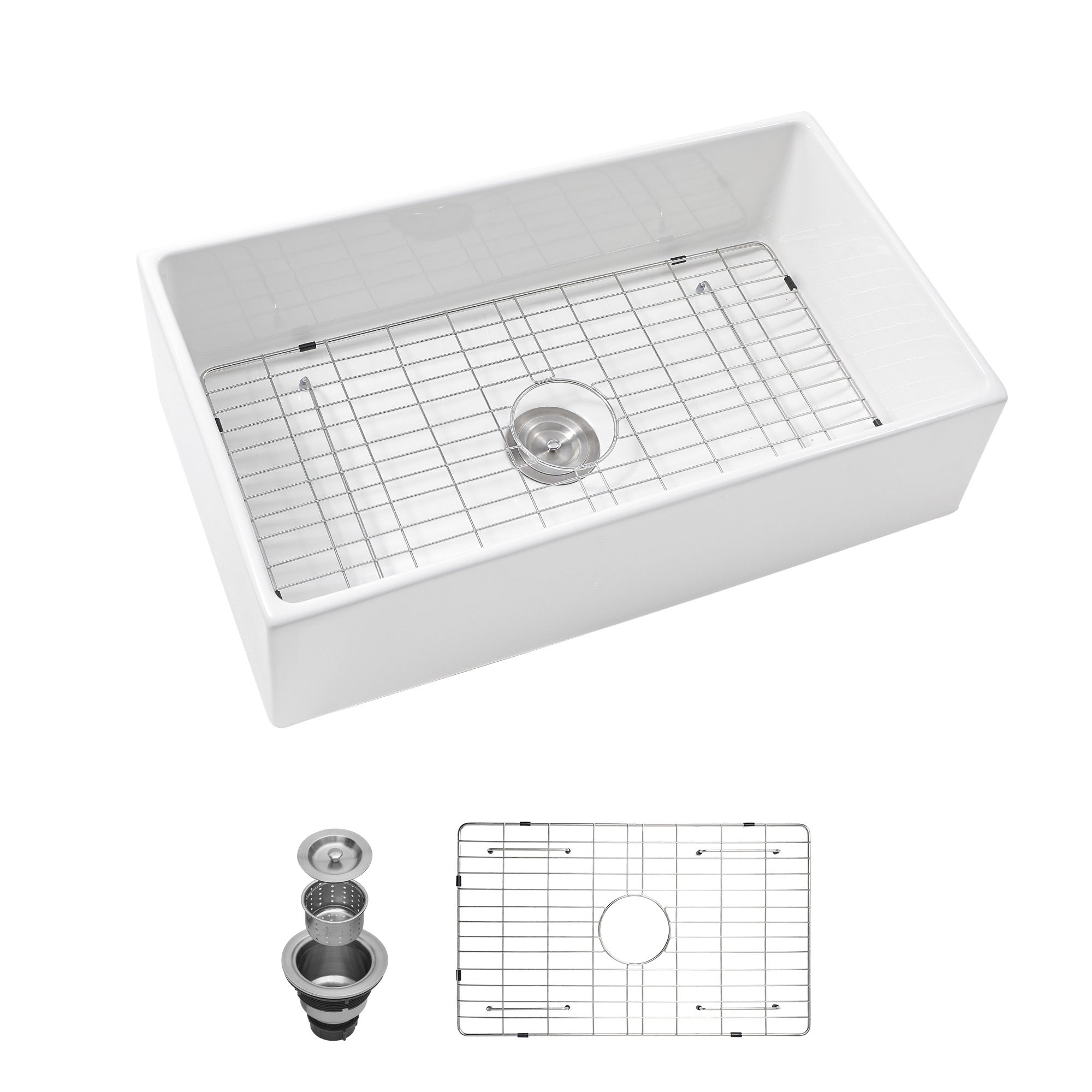33 Inch White Ceramic Farmhouse Undermount Sink with Apron Front, Single Bowl, Stainless Steel Grid, 33x18x10 Inch
