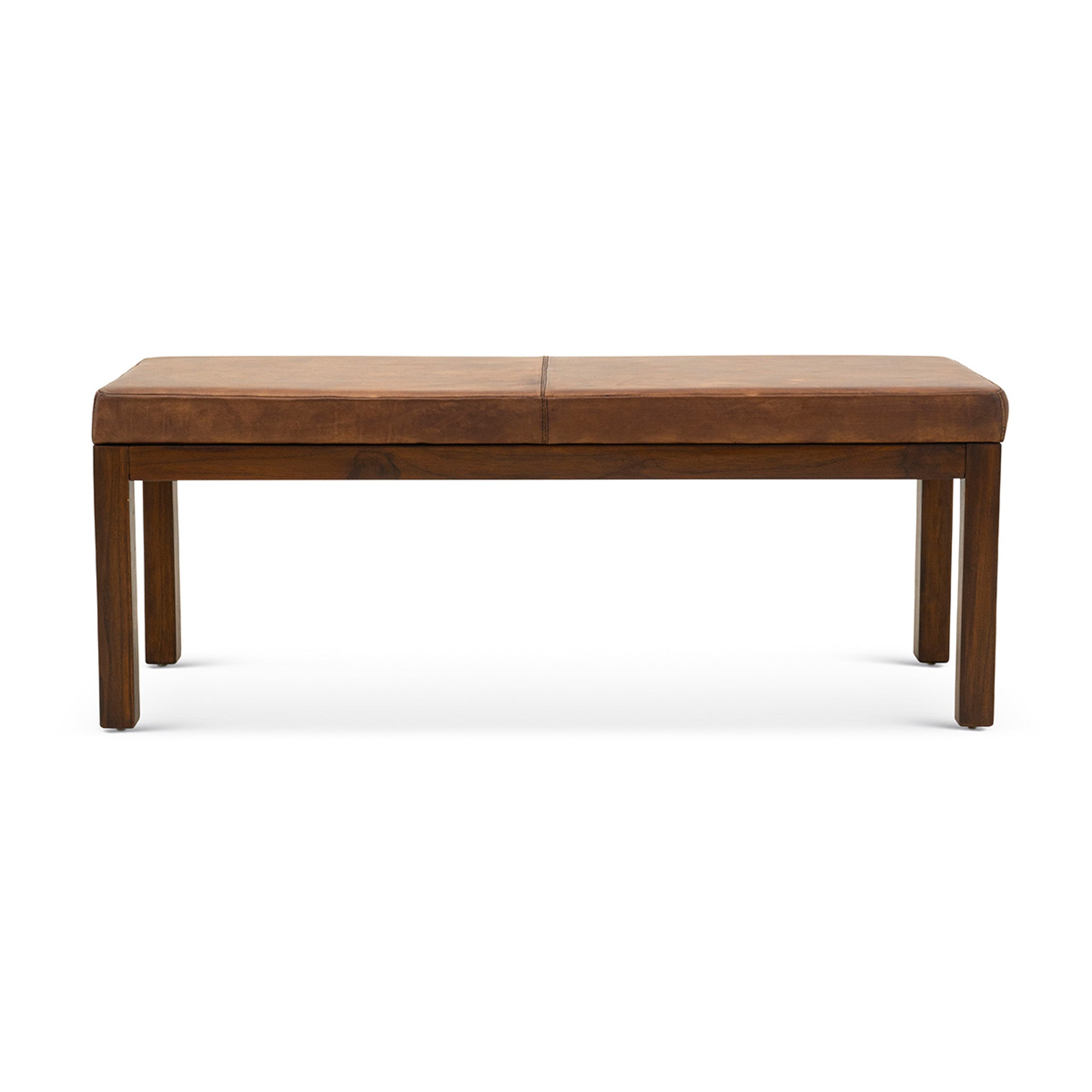 Austin Mid-Century Modern Antique Tan Leather Bench with Solid Wood Legs and High-Density Foam Cushion