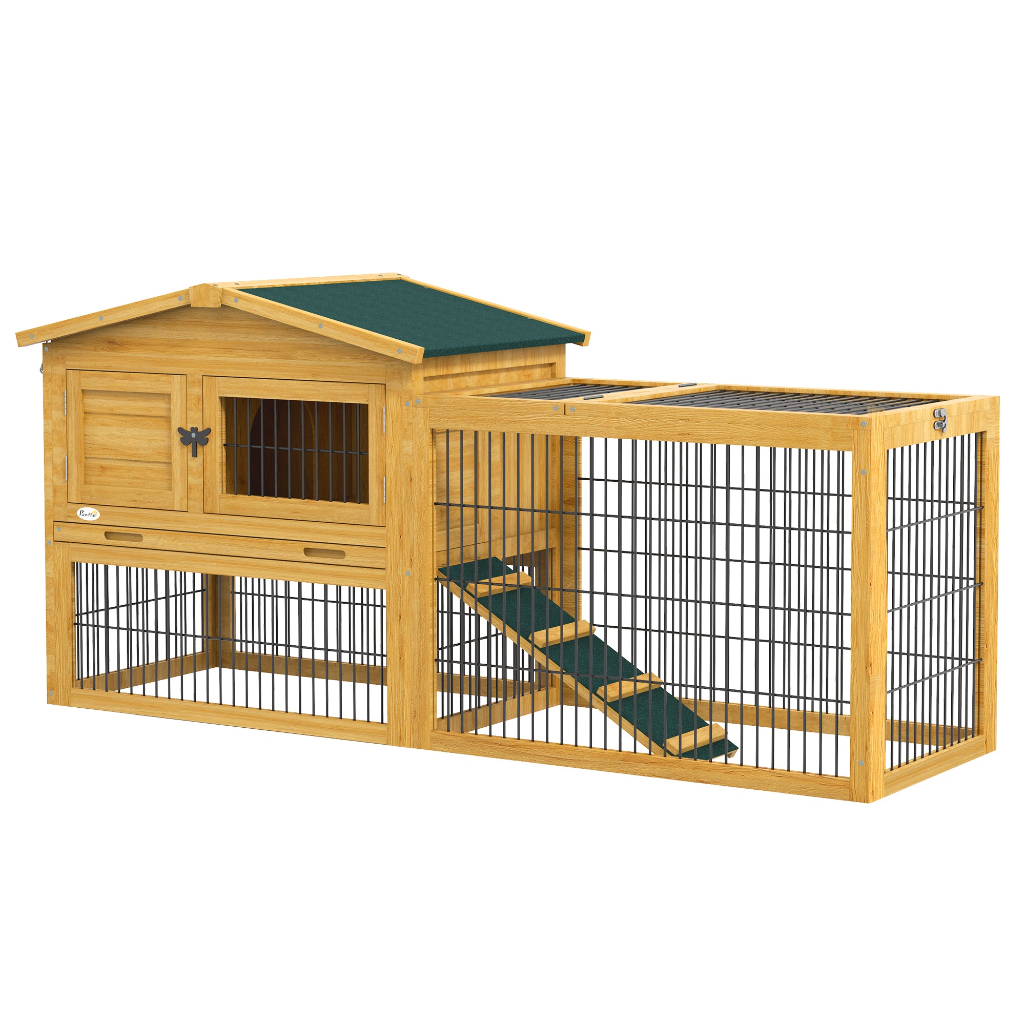 PawHut 2 Levels Outdoor Rabbit Hutch with Openable Top, 59' Wooden Large Rabbit Cage with Run Weatherproof Roof, Removable Tray, Ramp, Yellow