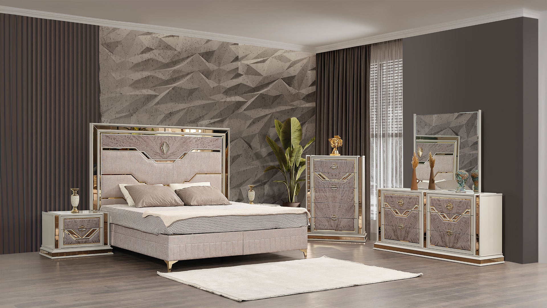 Omari Modern Style 5 Pc King Upholstered Bedroom Set Made with Wood and Gold Accents in Beige (NJ Inventory)