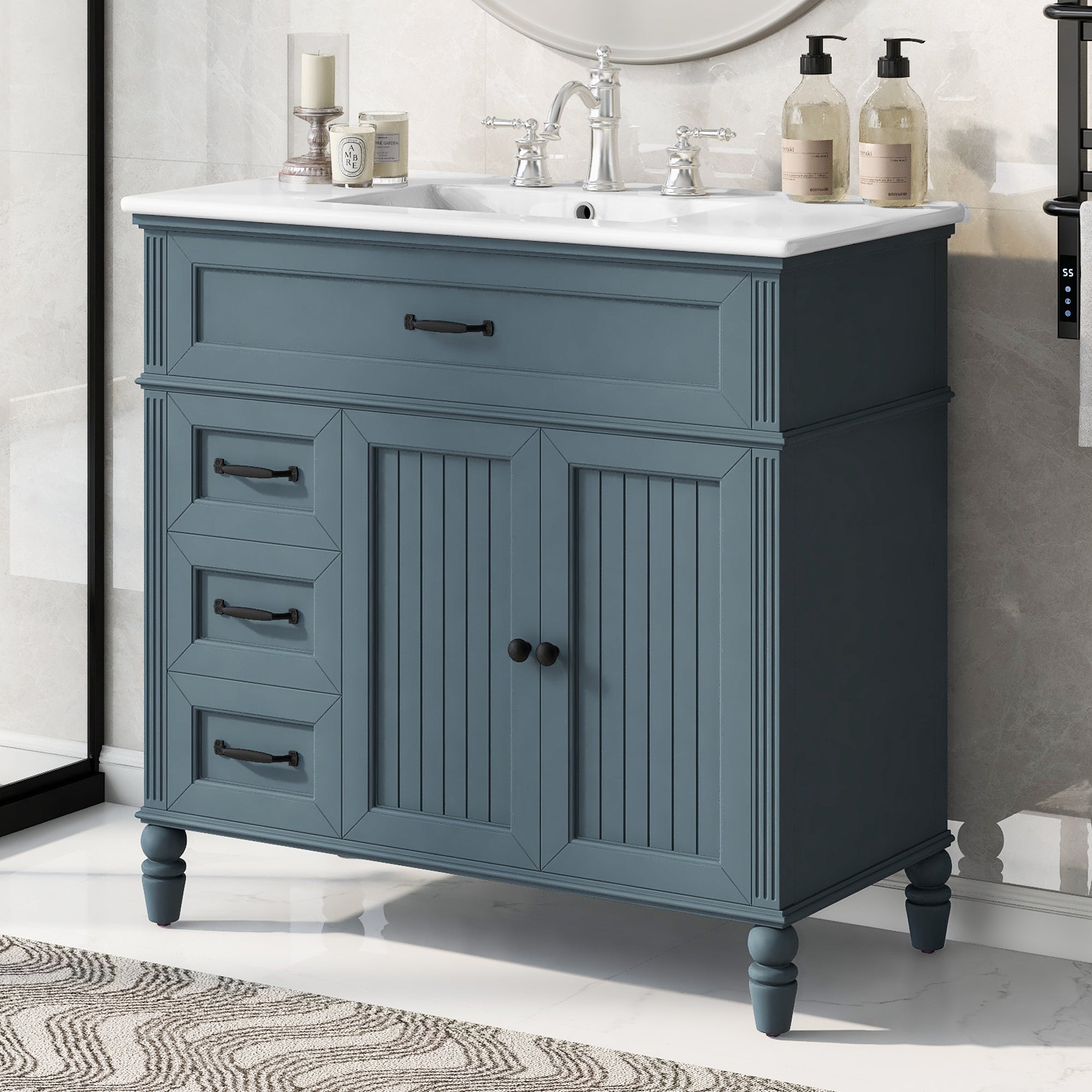 36' Bathroom Vanity with Sink, Blue Bathroom Cabinet with Drawers, Solid Frame and MDF Board, One Package