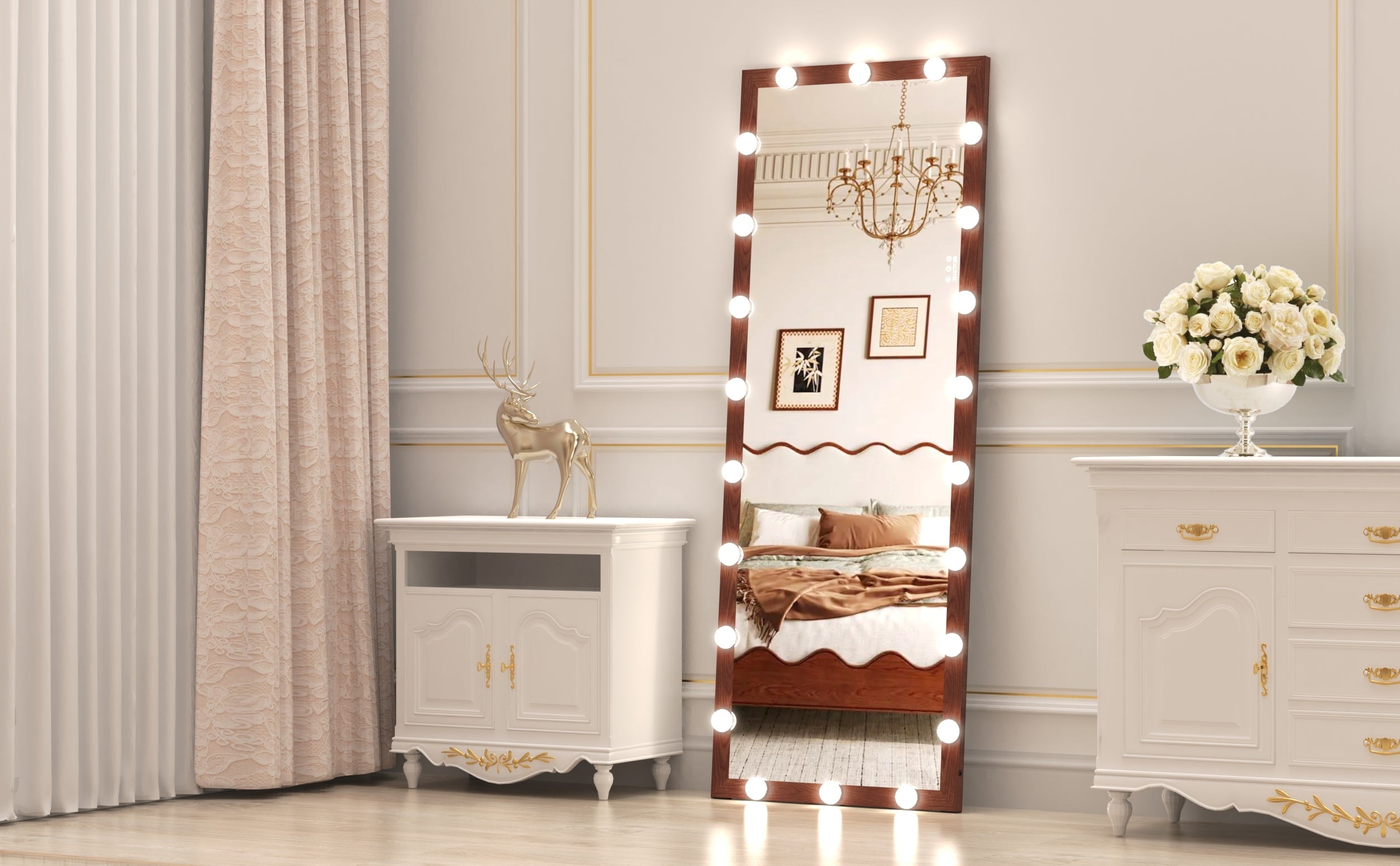 Hollywood Full Length Mirror with Lights Full Body Vanity Mirror with 3 Color Modes Wall Lighted  Standing Floor Mirror for Dressing Room Bedroom Hotel Touch Control walnut 62.6'x23.3'