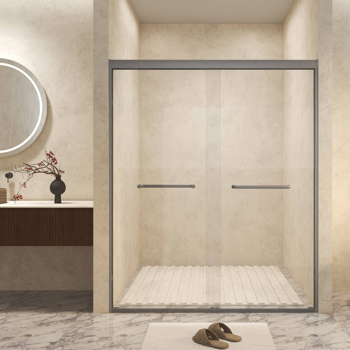 56-60' W ×72' H Tempered Glass with Explosion Proof Film, Aluminum Frame Double Sliding Shower Door, '1/4 (6 mm), Stainless Steel handle,Gun Ash