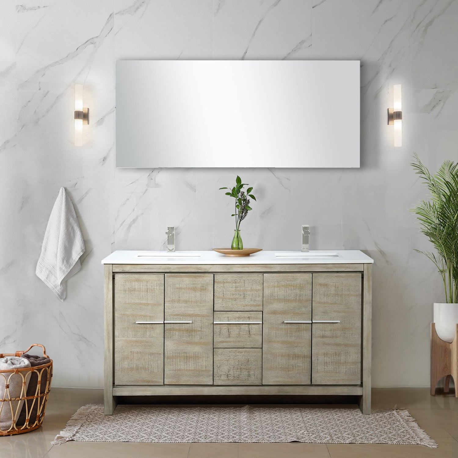 Rustic Acacia Double Bath Vanity 60 in. W x 20 in. D, White Quartz Top and Brushed Nickel Faucet Set