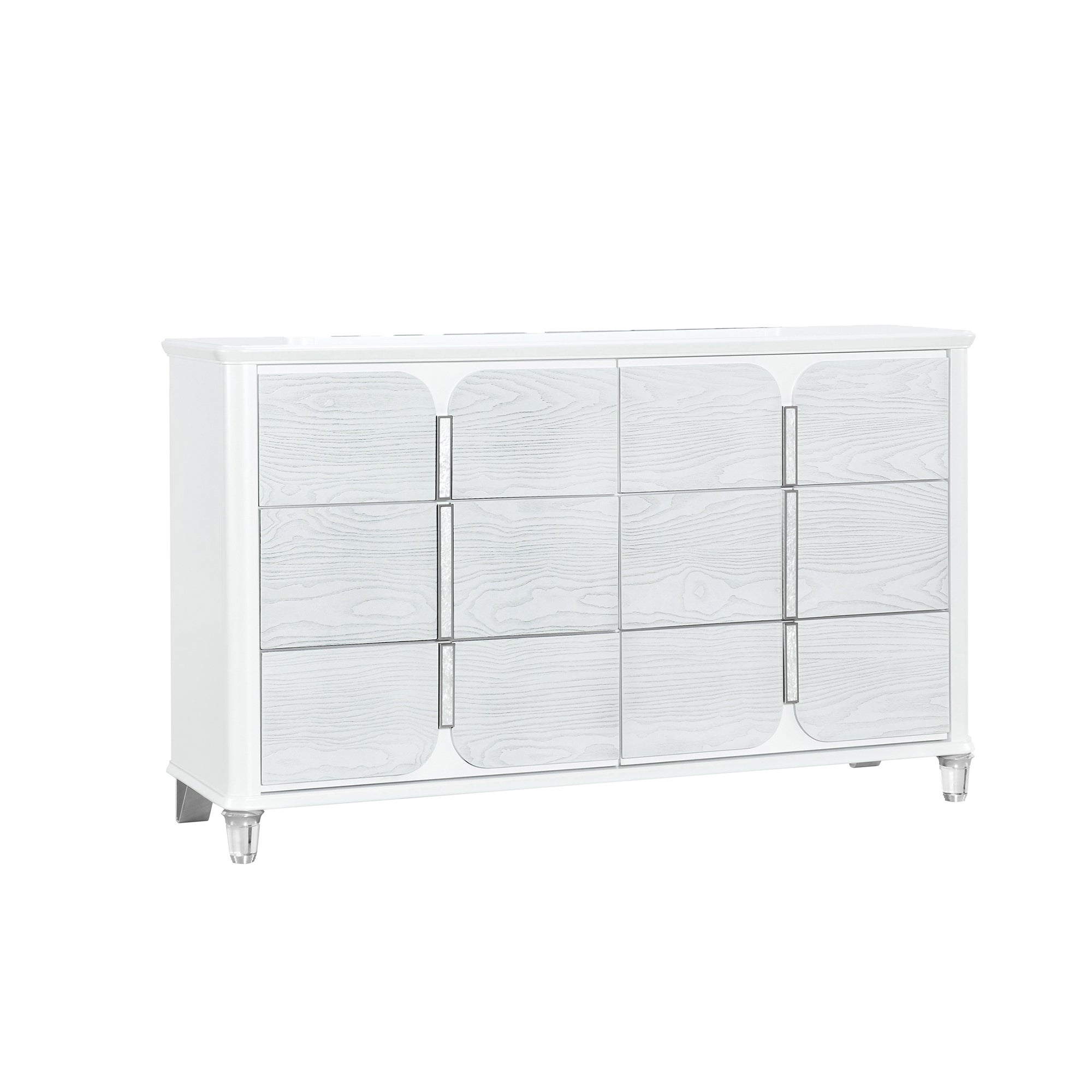 Brenda Grey Dresser with Spacious Drawers, Acrylic Legs, and Silver Trim