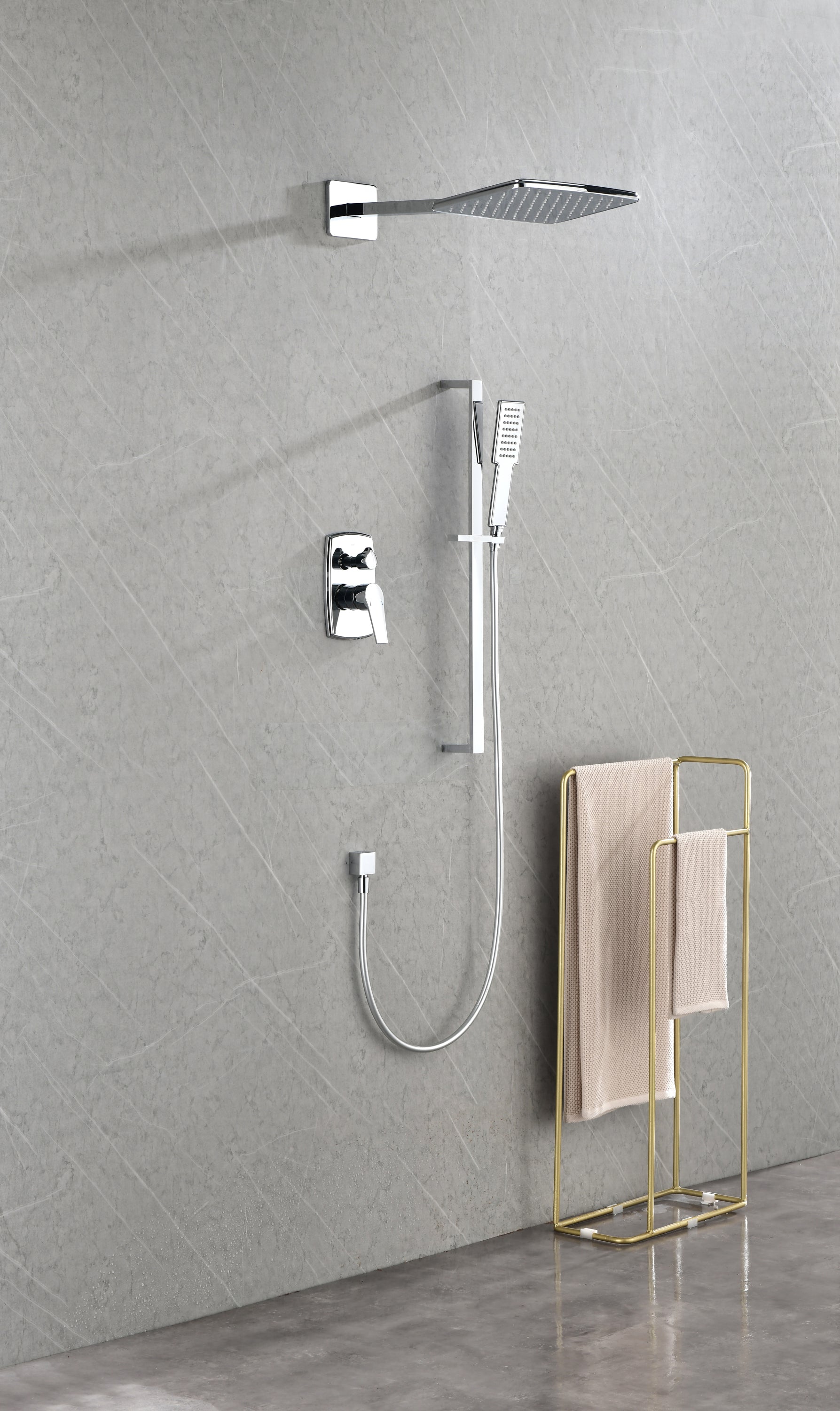 Shower System with Shower Head, Hand Shower, Slide Bar,, Shower Arm, Hose, Valve Trim, and Lever Handles