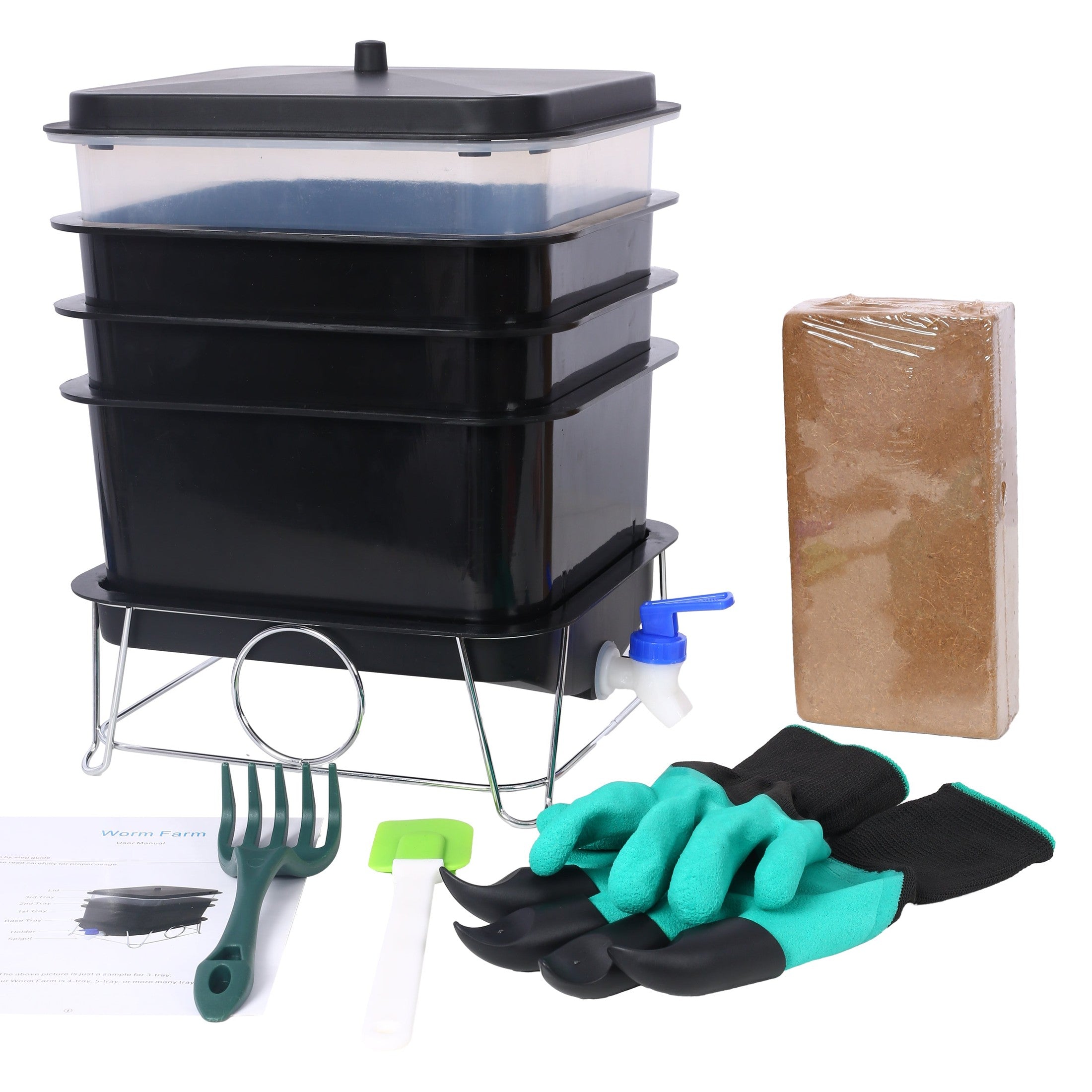 Durable Worm Farm Composting Bin with 4-Tray System for Food Waste Recycling, Black Plastic
