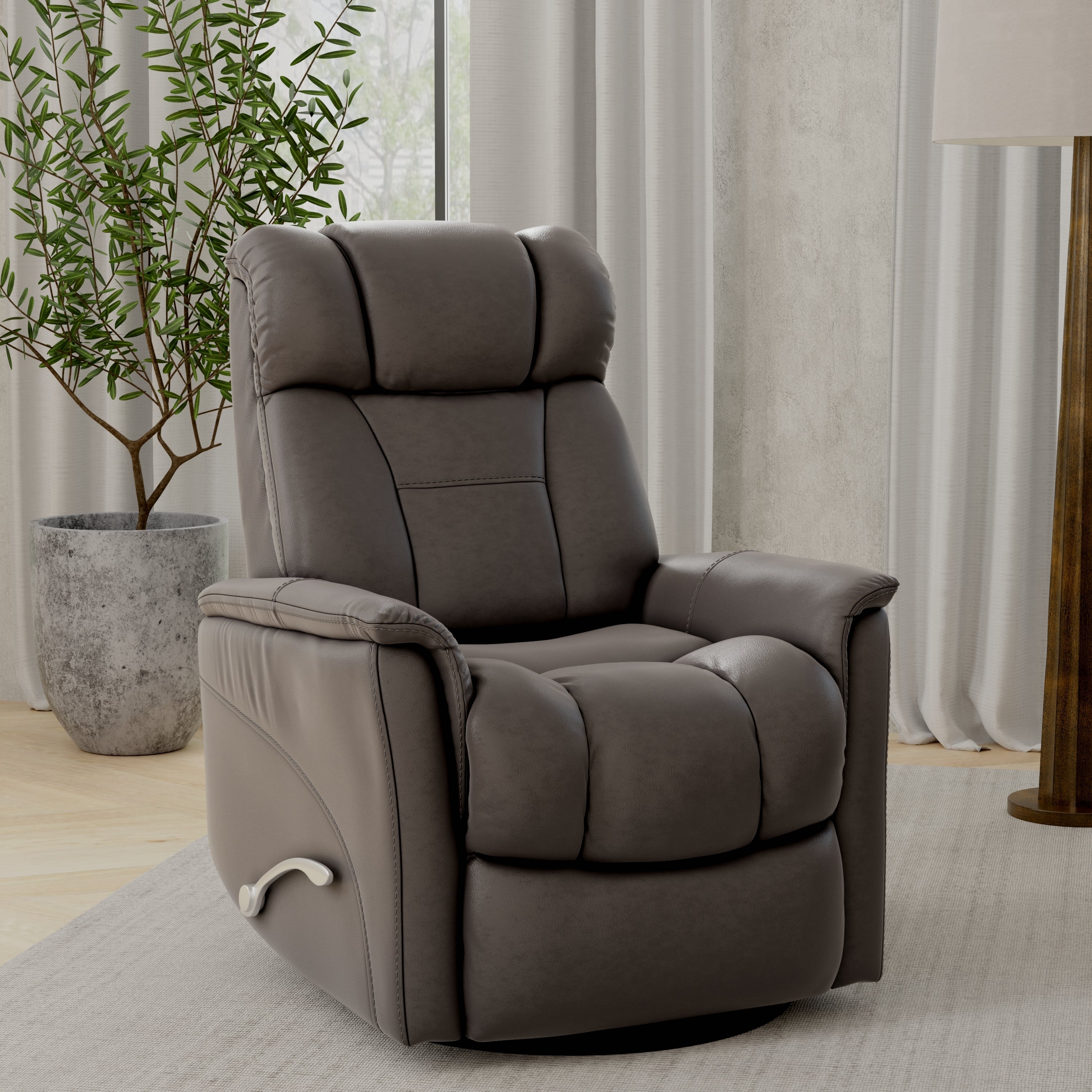 Global Home Swivel Glider Recliner with Manual Adjustable Headrest & Footrest In Faux Leather Bentley Grey