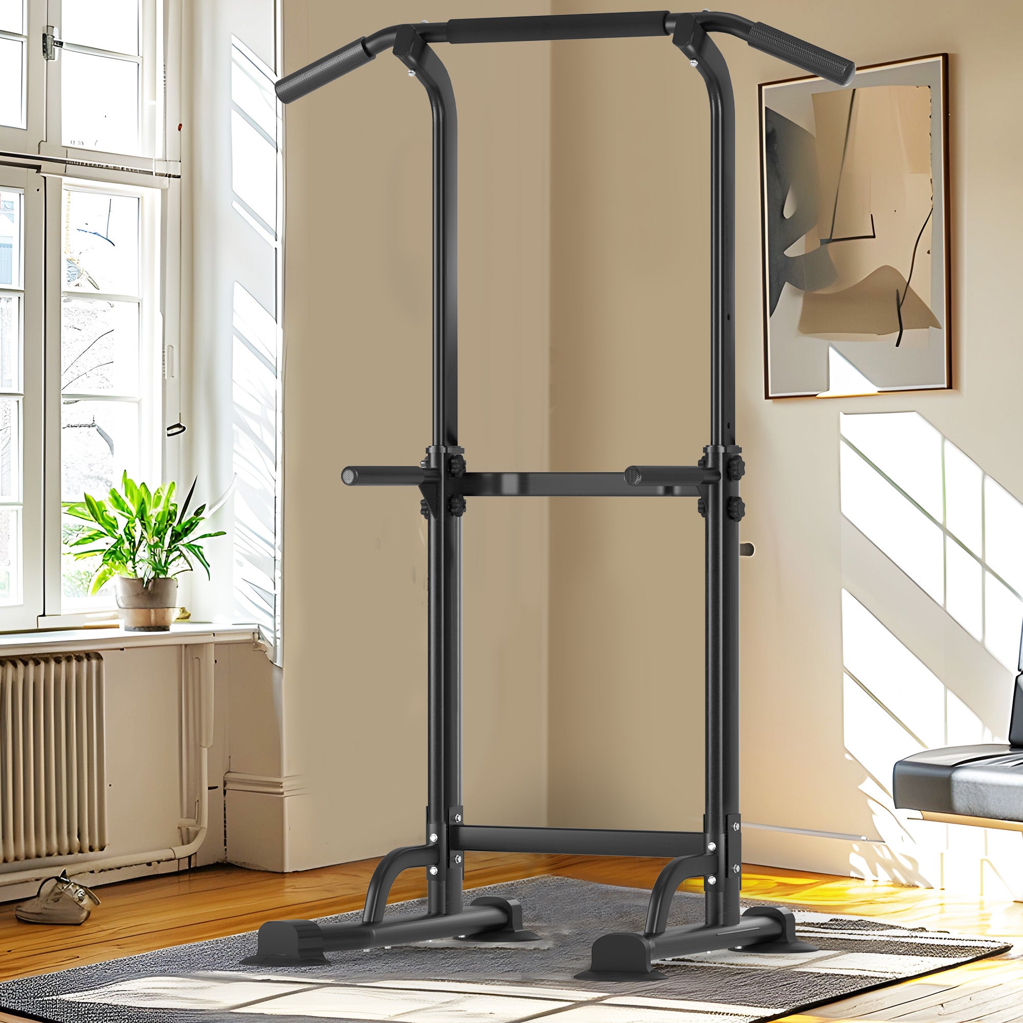 Adjustable Pull Up Bar & Dip Station - 10 Height Settings, 400LBS Capacity, Multifunctional Home Gym Strength Trainer for Men & Women,Black