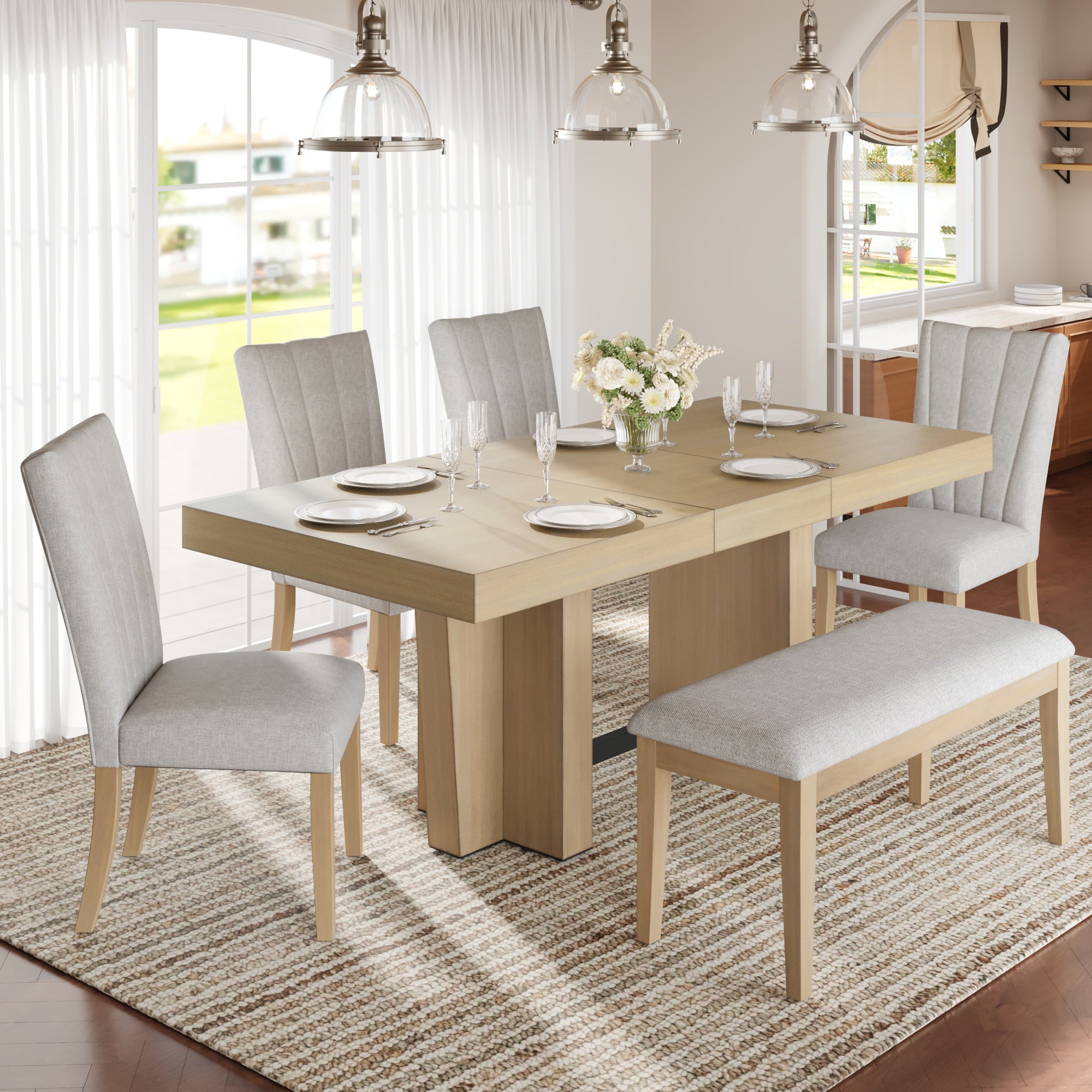 TOPMAX Farmhouse 78.1inch Extendable Wood Dining Table Set for 6, Kitchen Table Set with Bench and 4 Upholstered Chairs,3.8inch Thick Tabletop and Trestle Legs for Kitchen, Dining Room, Natural
