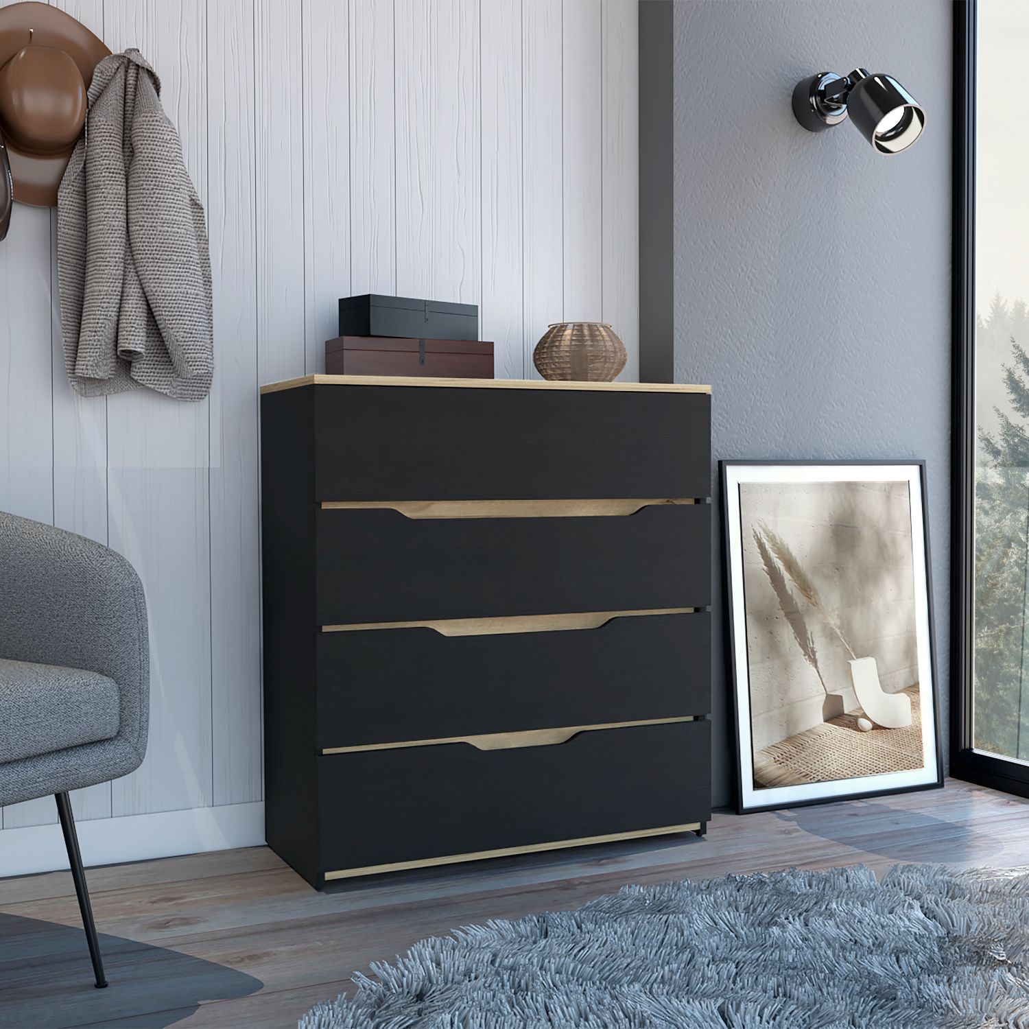 Drawer Dresser 35'H, Four Drawers, Superior Top, Black / Light Oak