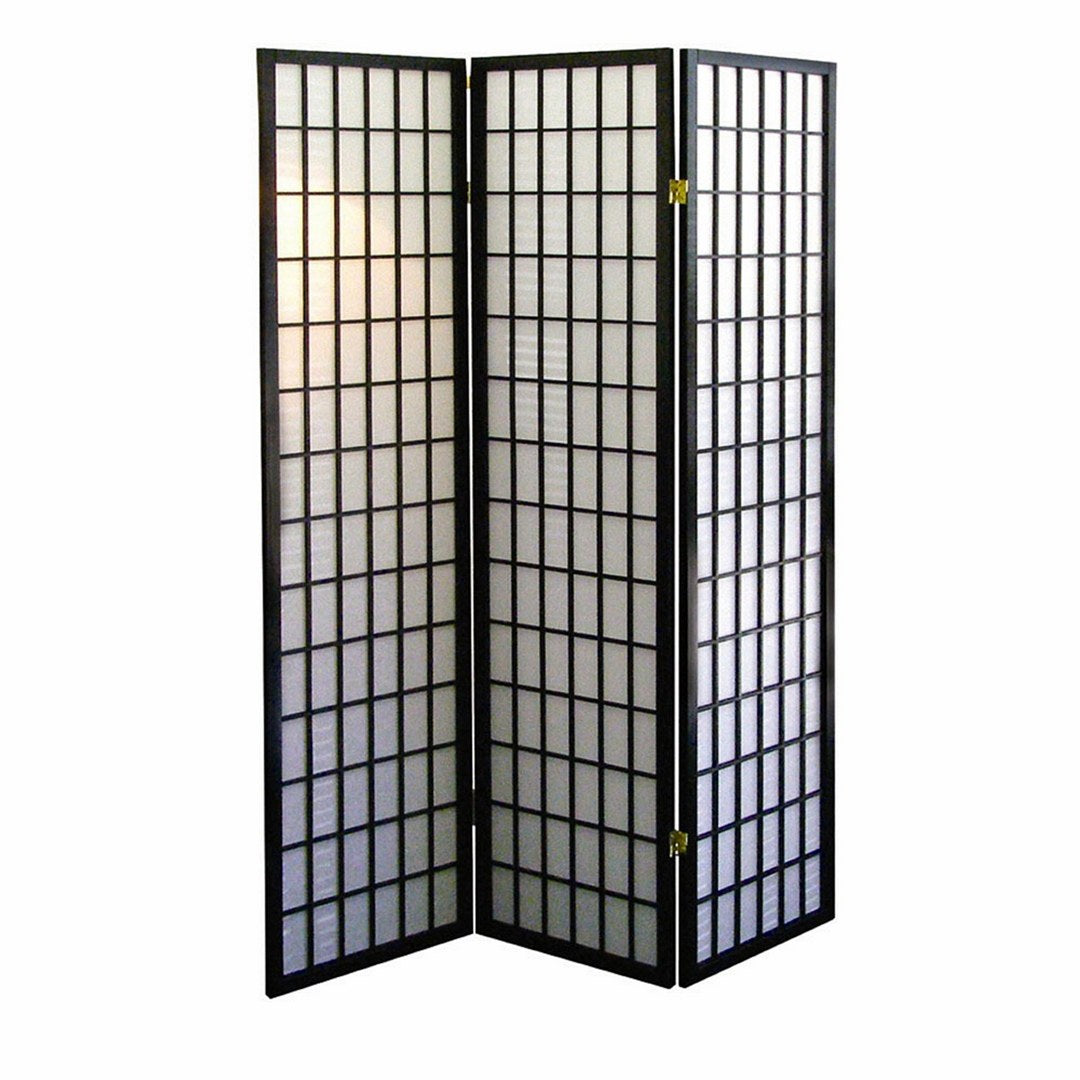 70' Tall 3-Panel Screen / Room Divider, Japanese Style with Black finish