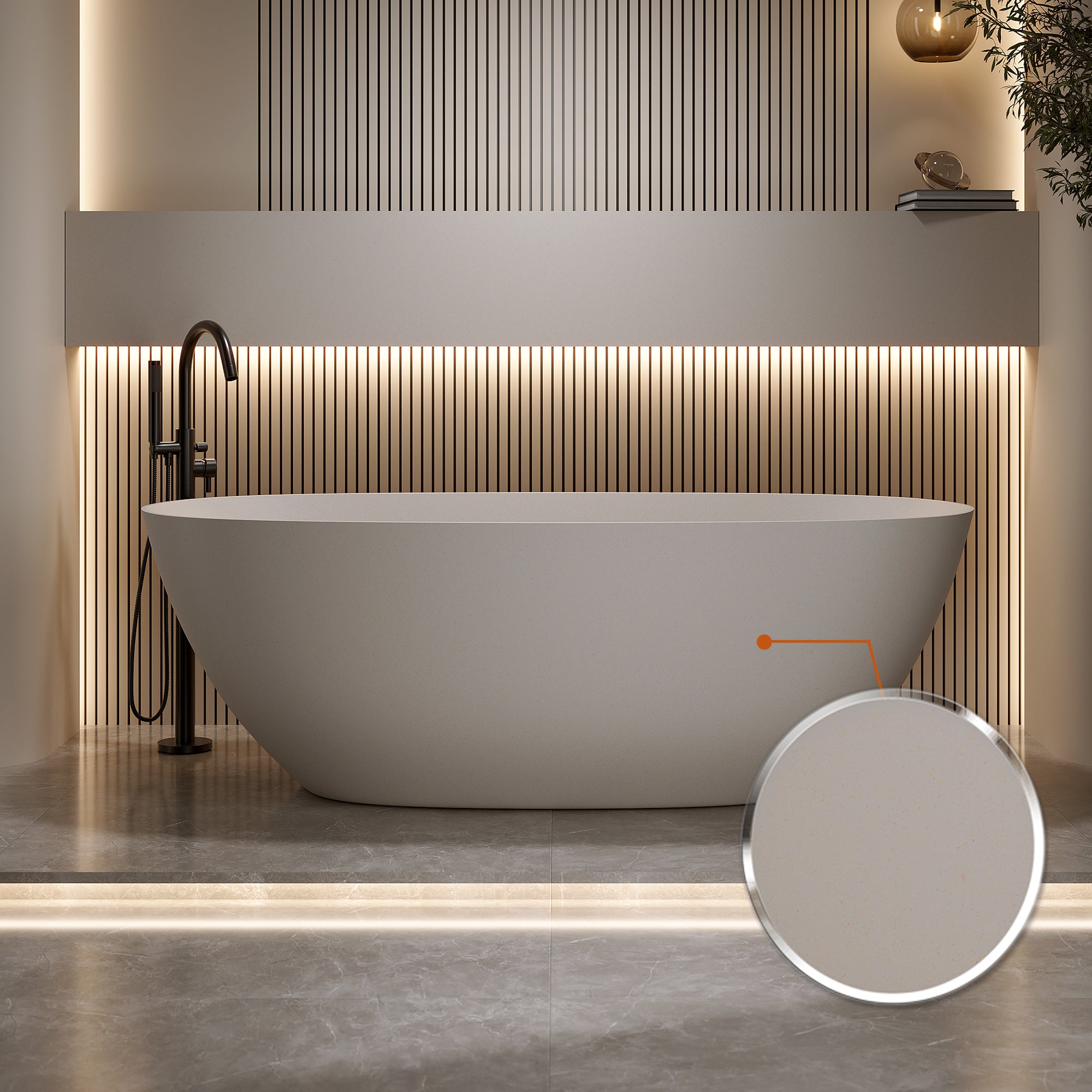 57'' Freestanding Bathtub Resin Stone Soaking Bathtub Solid Surface Modern Tubs with Overflow and Pop-up Drain