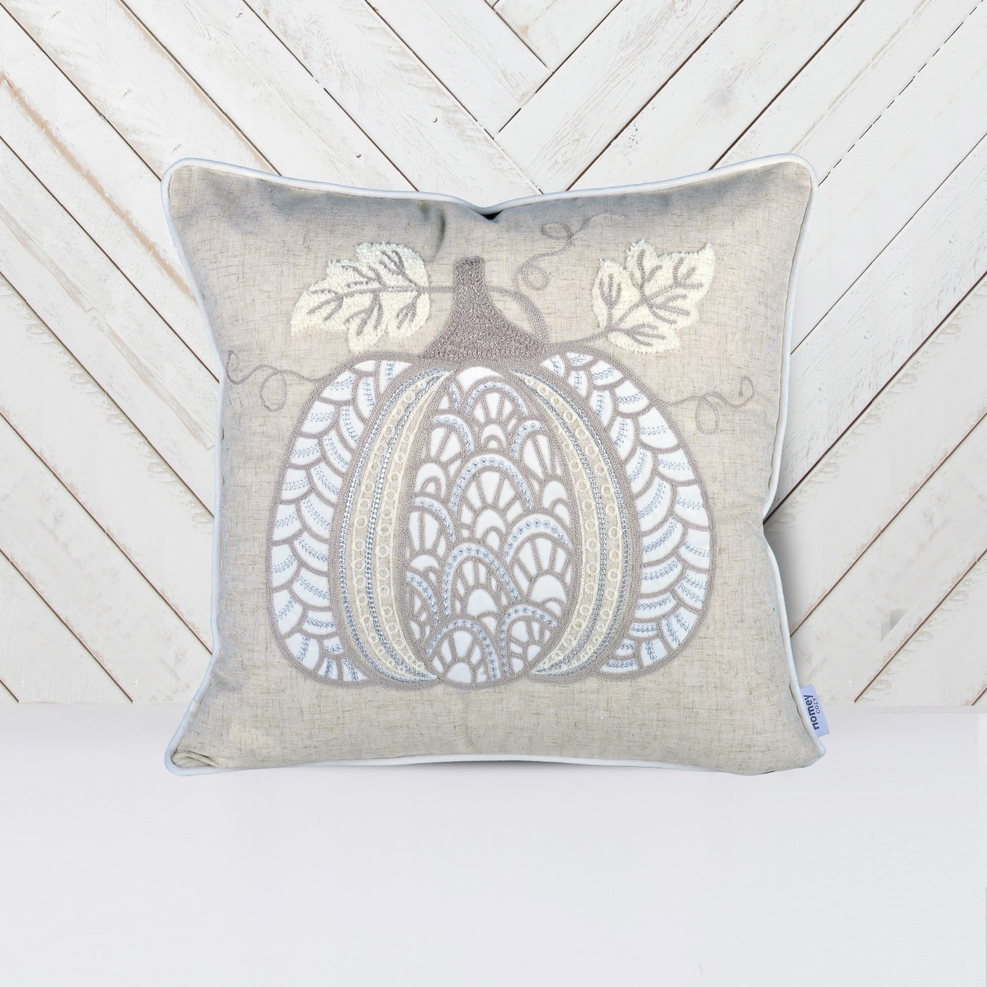 Lace Embroidered Pumpkin Throw Pillow – Neutral Fall Accent Cushion