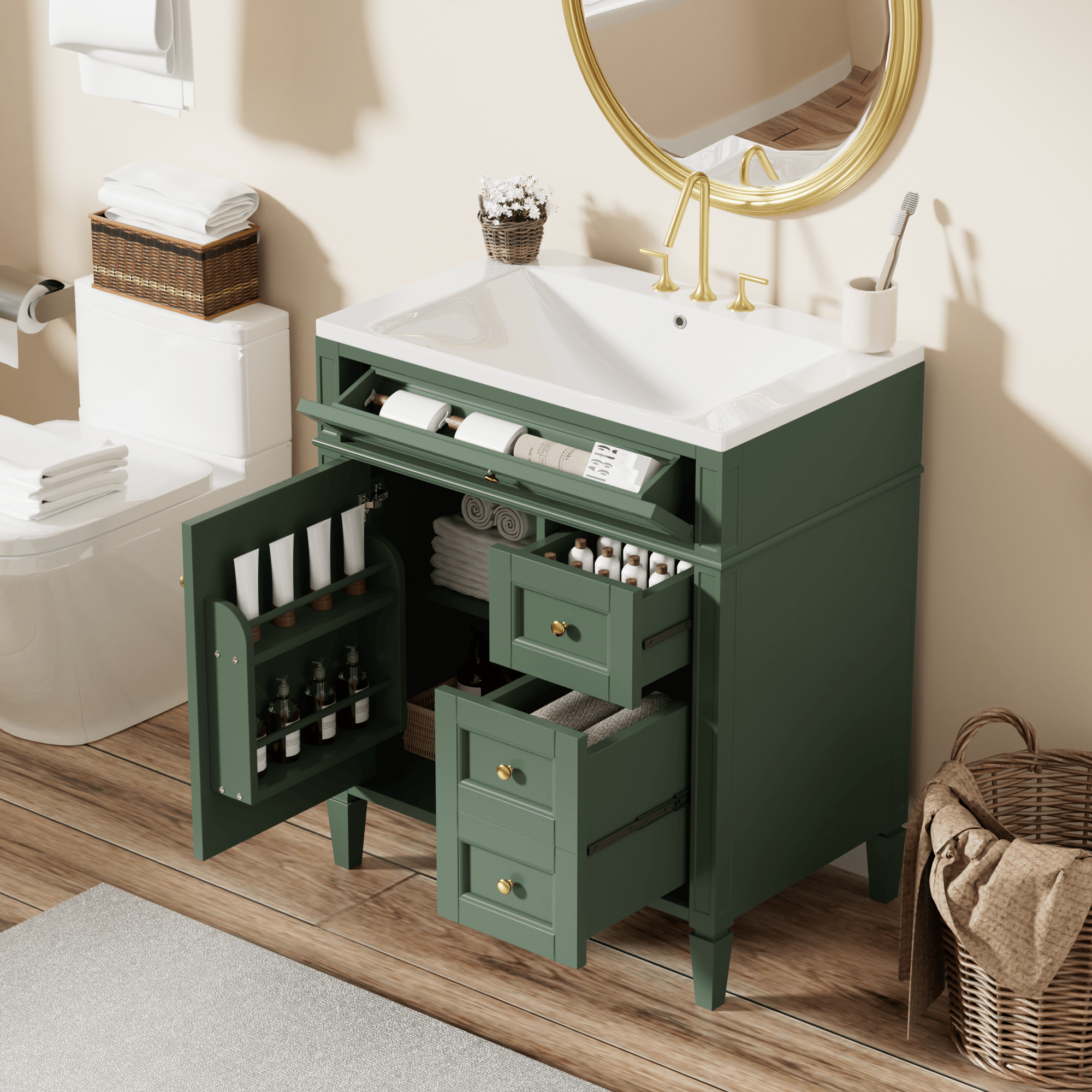 30'' Bathroom Vanity with Top Sink, Modern Bathroom Storage Cabinet with 2 Drawers and a Tip-out Drawer, Single Sink Bathroom Vanity (Same as SW000122AAF-1)
