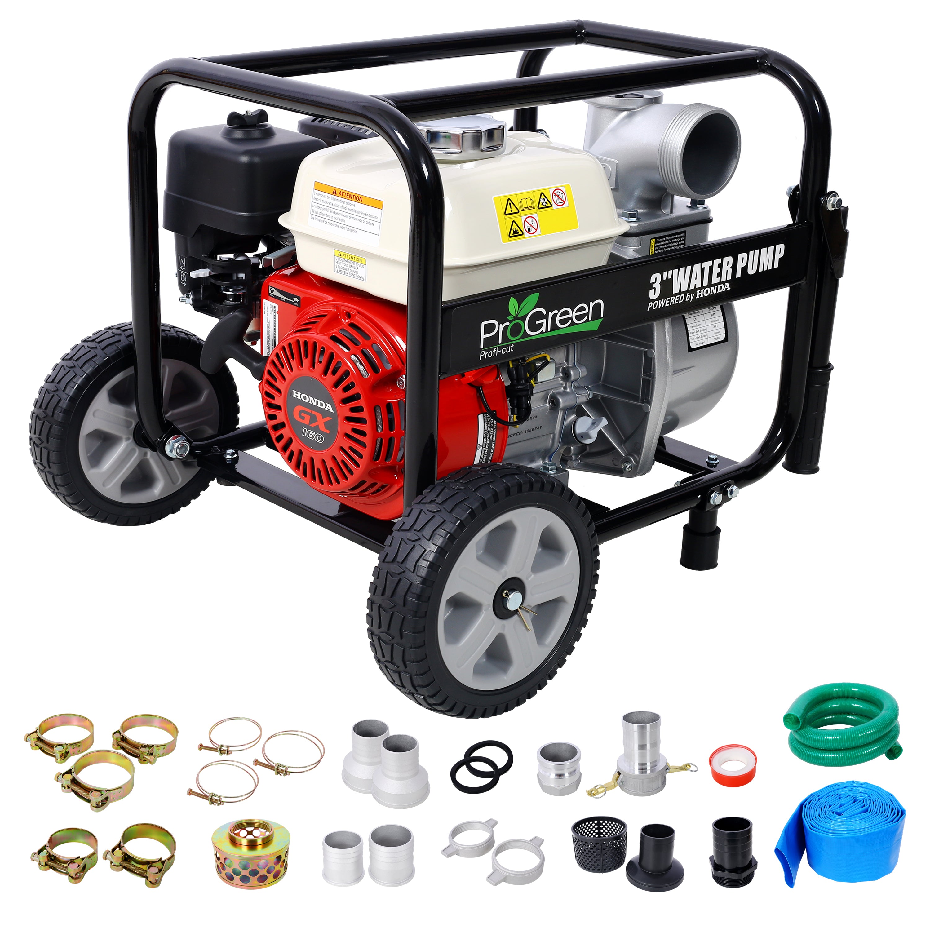 Honda GX160 Engine Water Pump 3' 264Gpm with Accessories Kit and Handle Wheel Kit