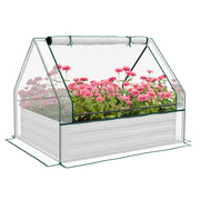 Outsunny Raised Garden Bed with Mini Greenhouse, Galvanized Outdoor Planter Box with Cover, for Herbs and Vegetables, Use for Patio, Garden, Balcony, White Cover and Silver Planter