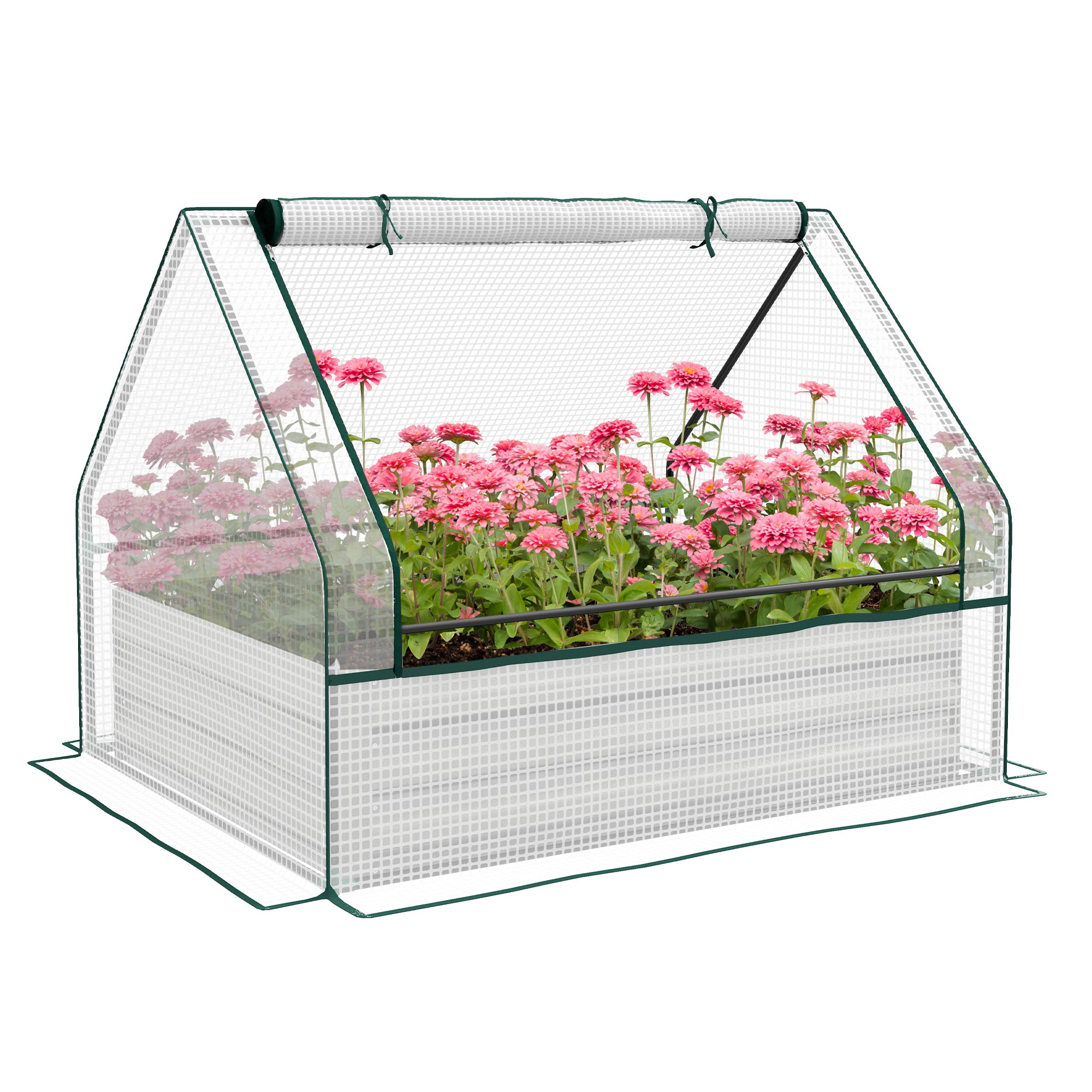 Outsunny Raised Garden Bed with Mini Greenhouse, Galvanized Outdoor Planter Box with Cover, for Herbs and Vegetables, Use for Patio, Garden, Balcony, White Cover and Silver Planter