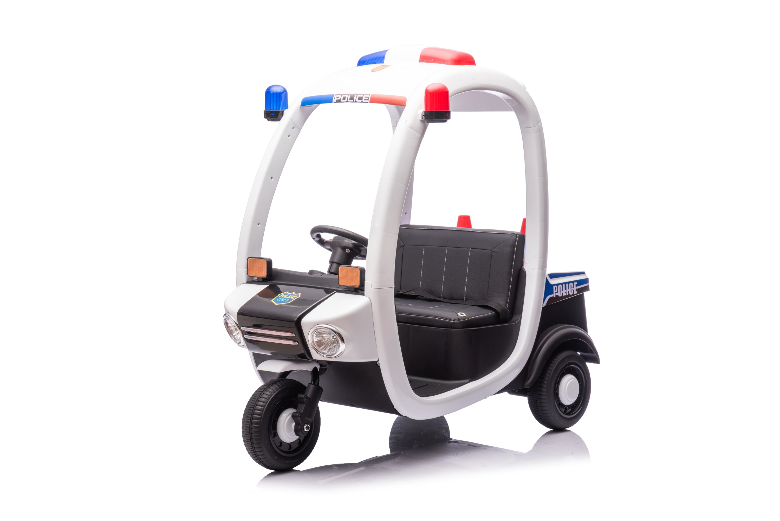 12V electric three wheeled children's box car, police car, 2-seater remote control riding toy, with lights, music, Bluetooth, walkie talkie, children's electric car