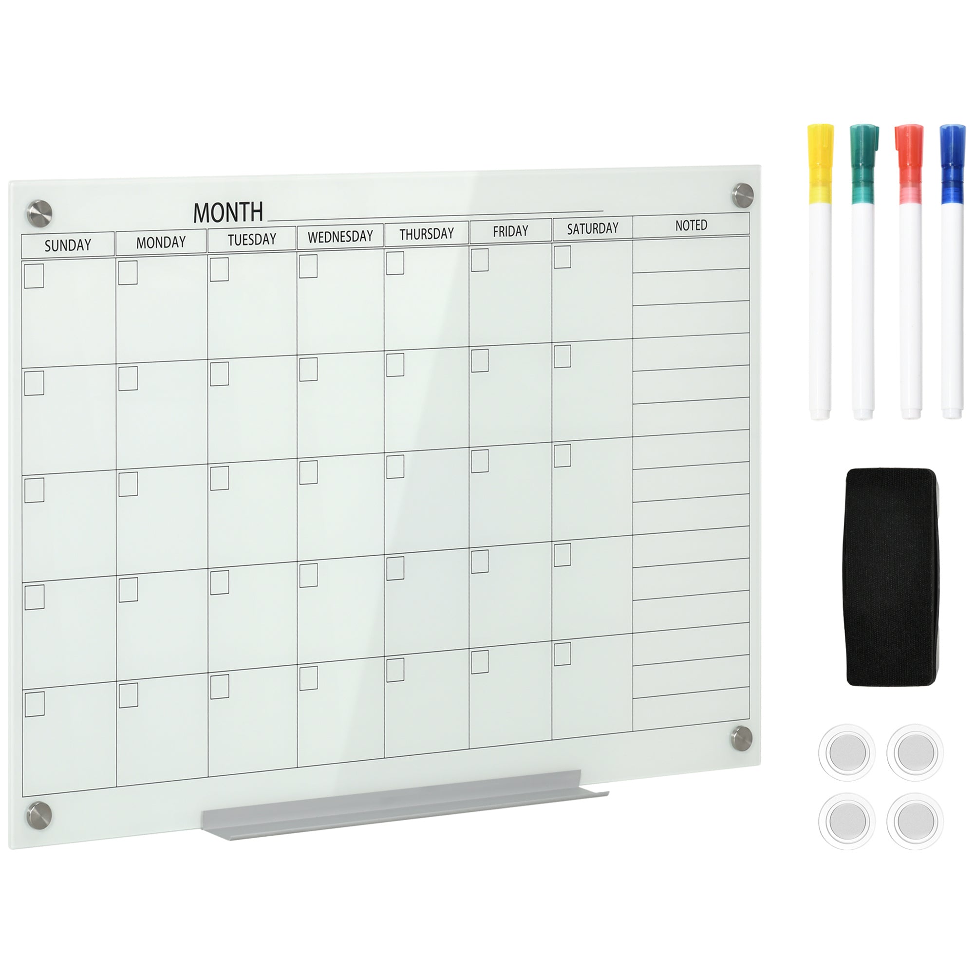 Vinsetto 35'x23' Dry Erase Wall Calendar Glass Whiteboard Monthly Planner for Homeschool Supplies & Home Office Organization with 4 Markers and 1 Eraser,Frameless