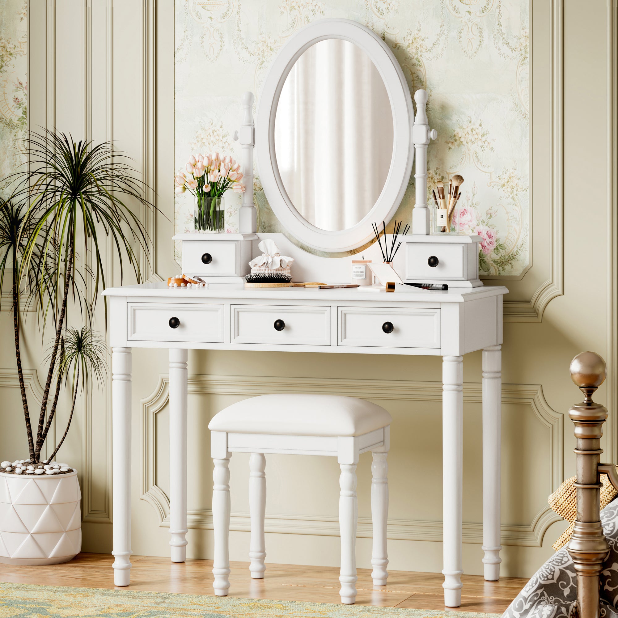 Vanity Desk with Adjustable Angle Mirror, Vintage Vanity Makeup Table and Cushioned Stool Set with Velvet Fabric Lining 5 Drawers,Wooden Dressing Table Set for Bedroom, White