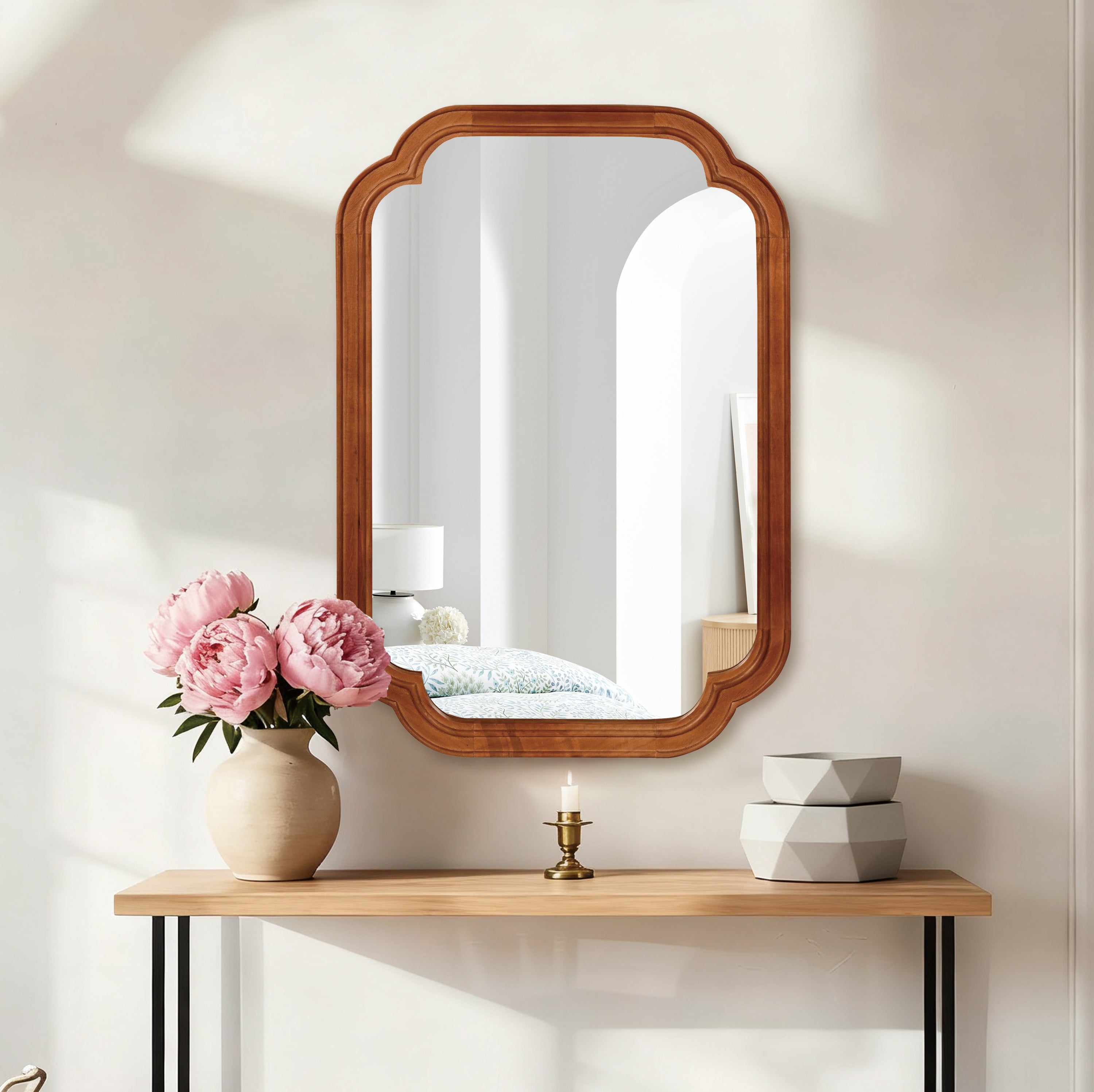 Yellowish Brown Color 20' x 30' Solid Wood Frame Rounded Corner Decorative Mirror, For Bedroom, Bathroom, Living Room, Entryway