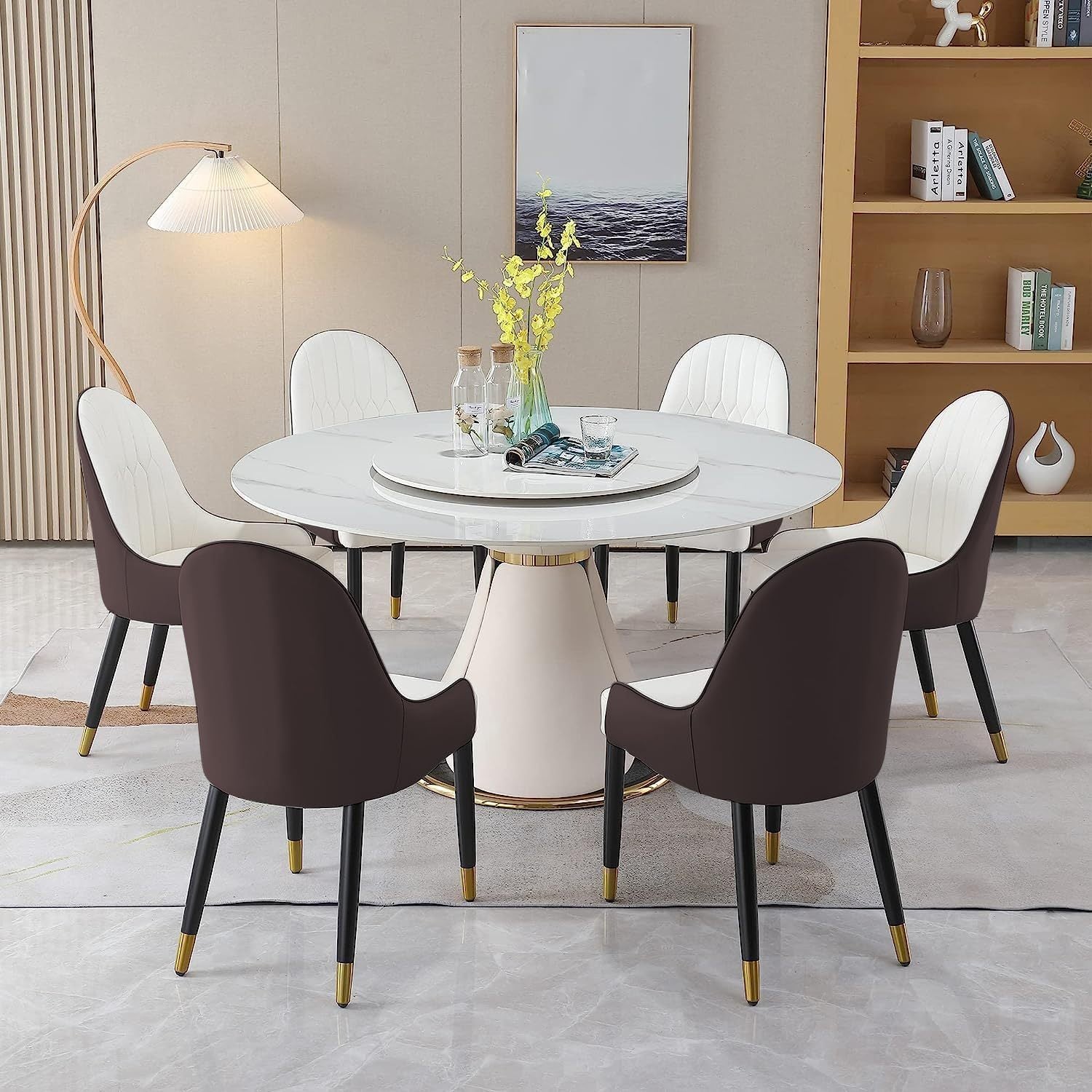 Round Dining Table Set for 6, Sintered Stone Round Kitchen Table with Petal-Shaped Unique Design, Dining Room Table Set Petal Pu Leather & Metal Base (59'' Table with 6 Brown Chairs)