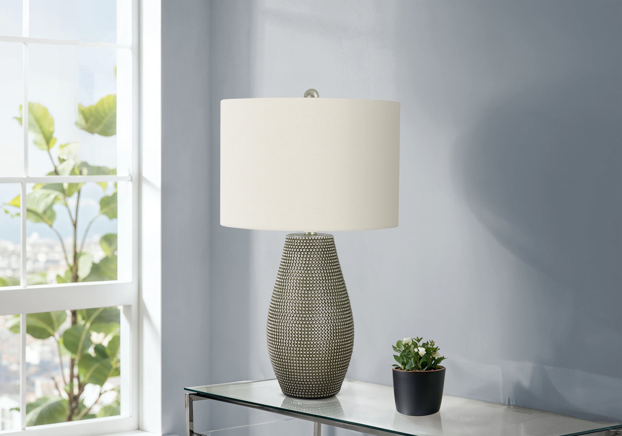Lighting, 24'h, Table Lamp, Grey Resin, Ivory / Cream Shade, Contemporary