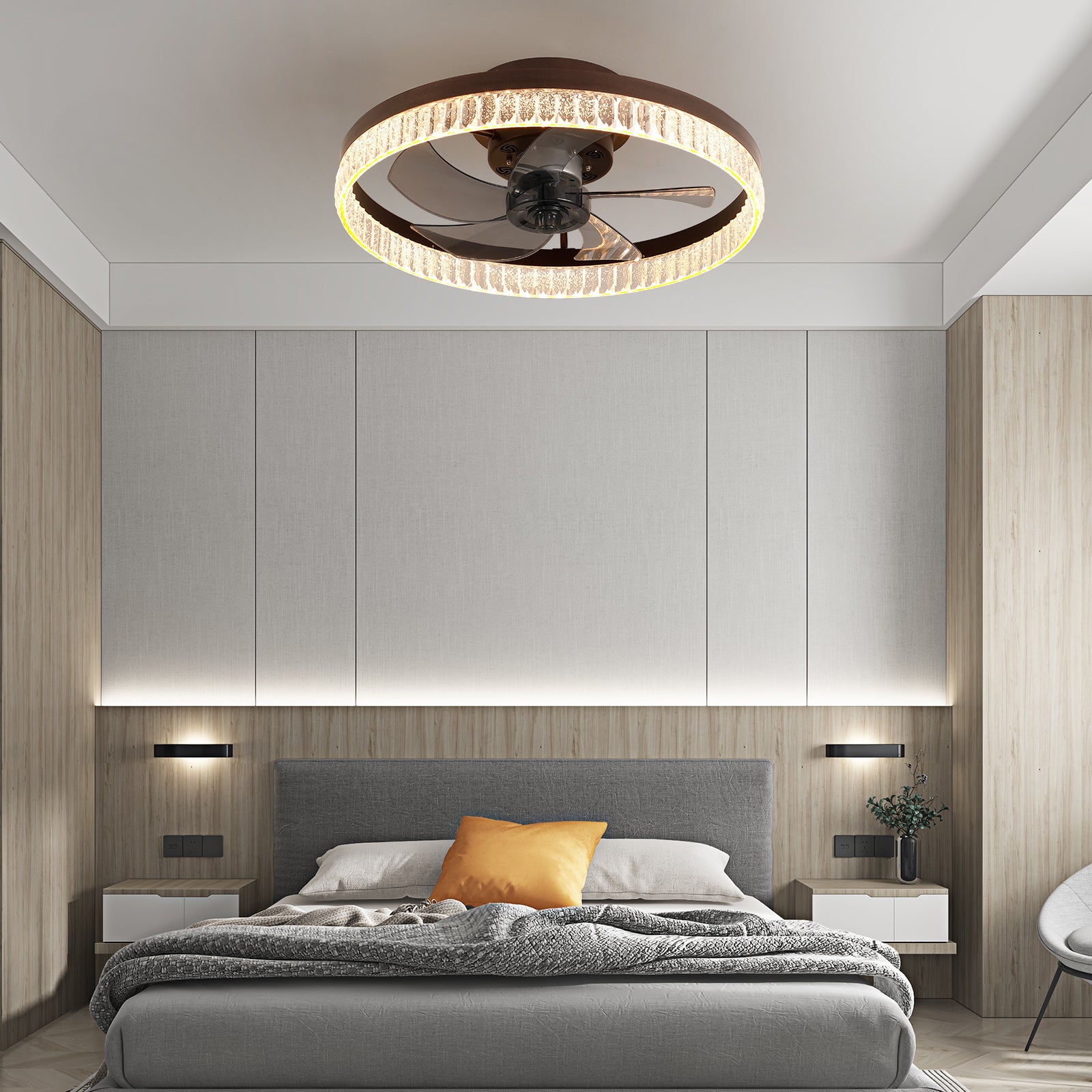 20' Brown Ceiling Fan with LED Light – Modern Flush Mount Fan Light for Bedroom, Living Room, and Home Décor with Crystal Ring Design