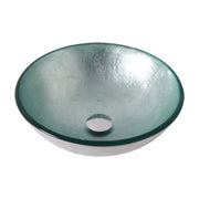 Artistic Tempered Glass Vessel Bathroom Sink with Pop-up Drain in Silver, Stainless Steel and Brass Components, 15.55x15.55x5.35 Inch