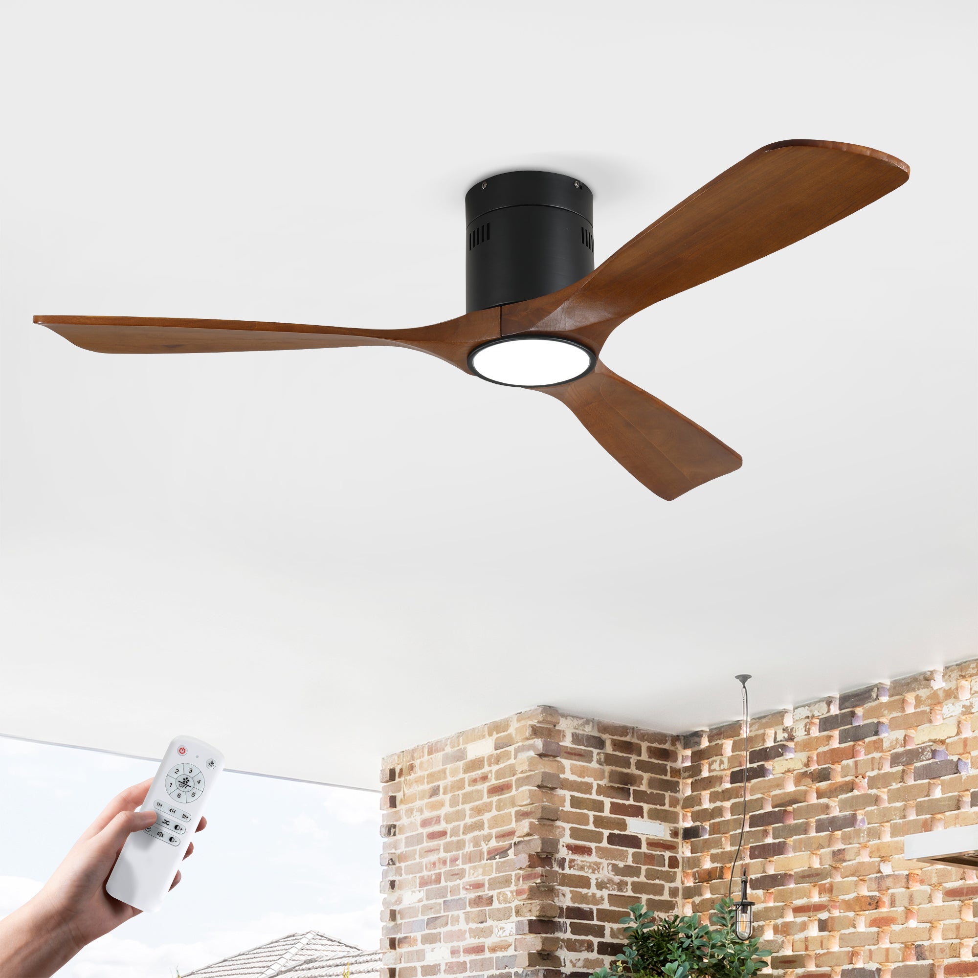 52 Inch Mounting Type Solid Wood Ceiling Fan With Light Kit Dimmable LED, DC 6 Speed ,Remote Control Ceiling Fan  for Patio Living Room, Bedroom, Office,Indoor.(Matte Black +Wood)