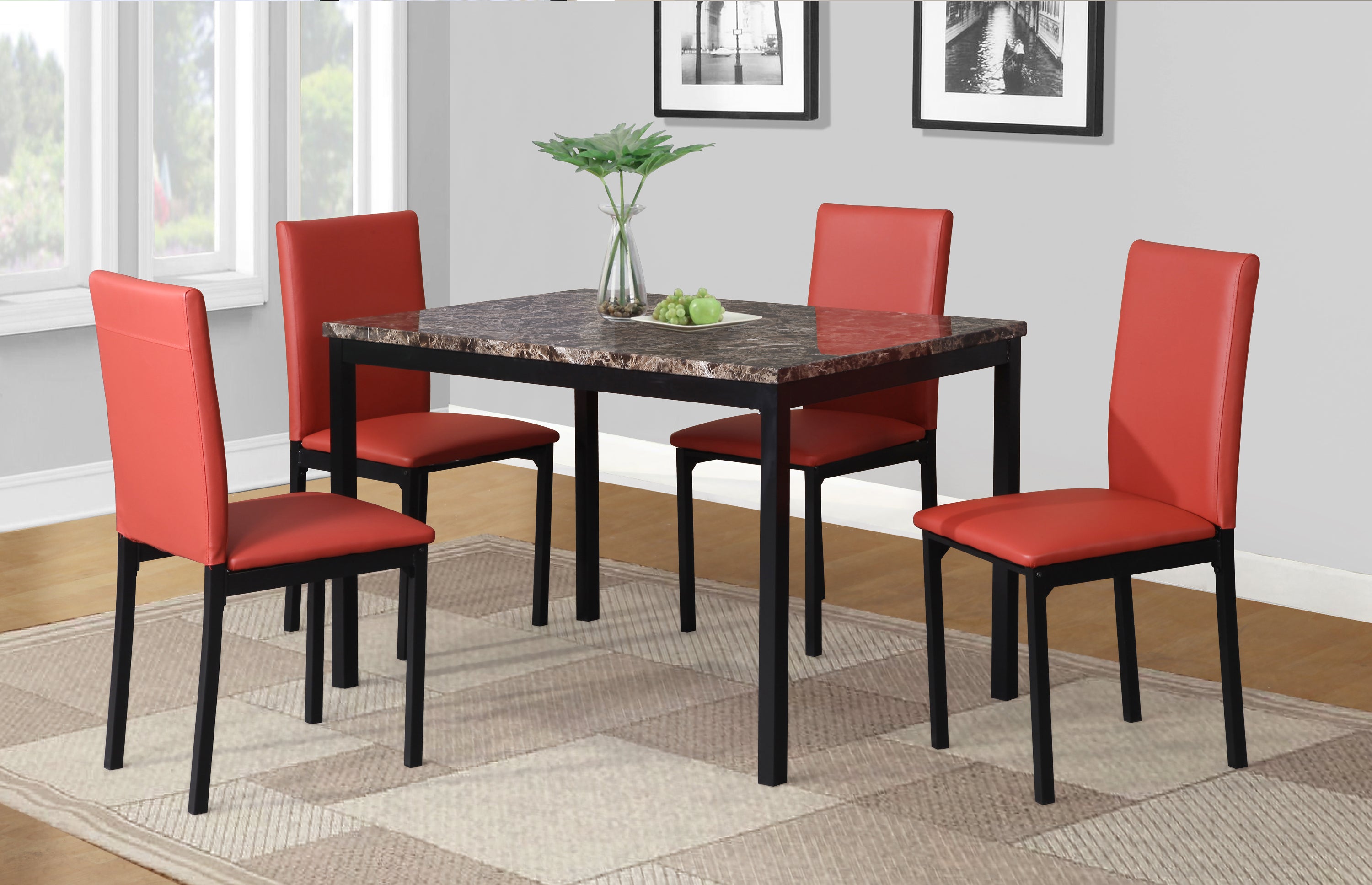 Citico 5-Piece Metal Dinette Set with Laminated Faux Marble Top, Red
