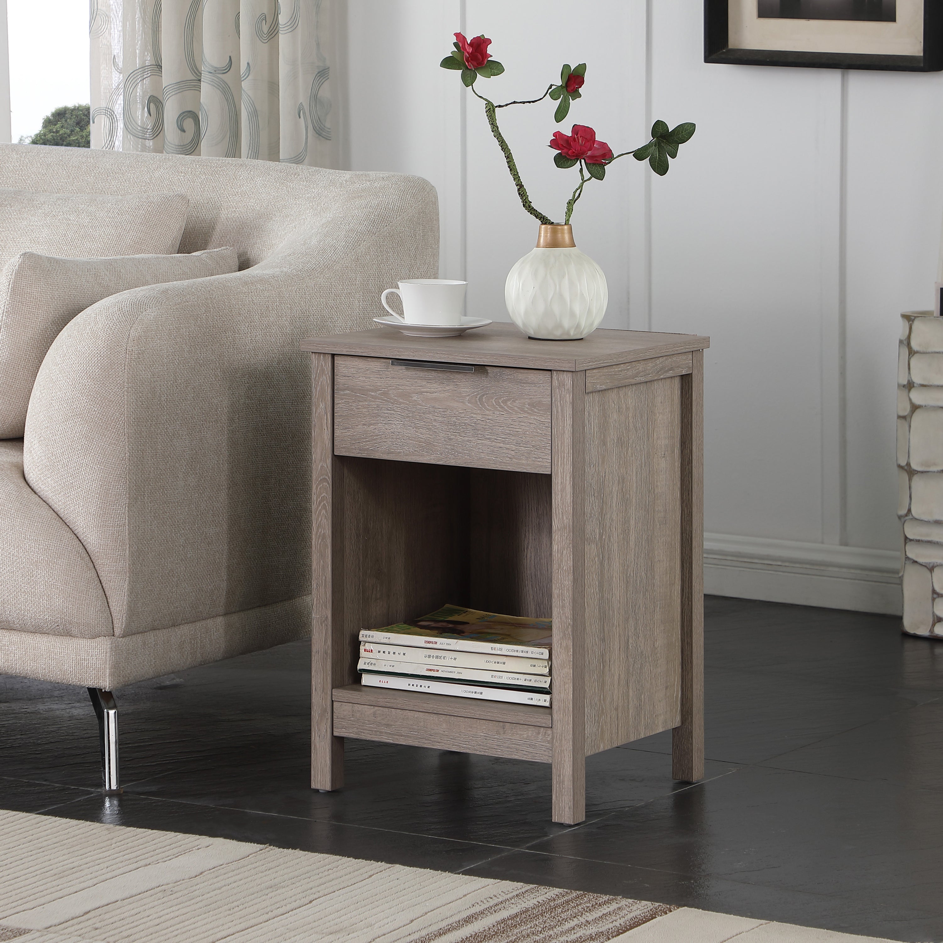 Nightstand with Drawer,End Table With Drawer and Open Shelf,Easy Assemble,Sturdy Side Frames,Metal Handle,Night Stand for Bedroom, Side Table for LivingRoom,Rustic Grey