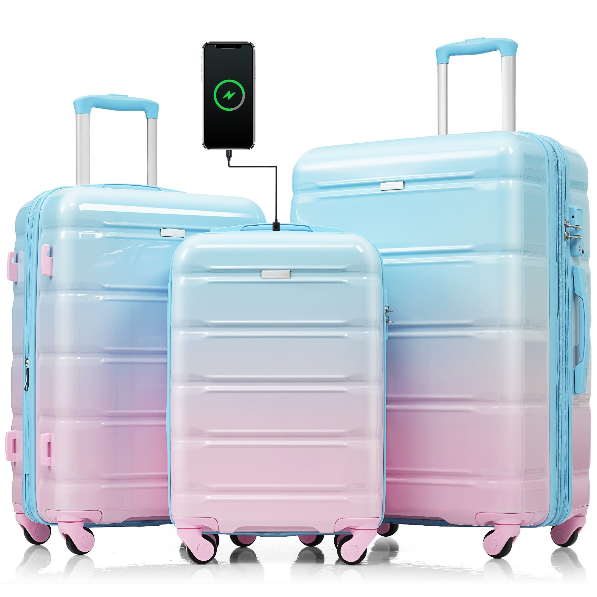 Luggage Set of 3, 20-inch with USB Port, Airline Certified Carry-on Luggage  , ABS+PC Hard Shell Luggage with Spinner Wheels, light blue and pink