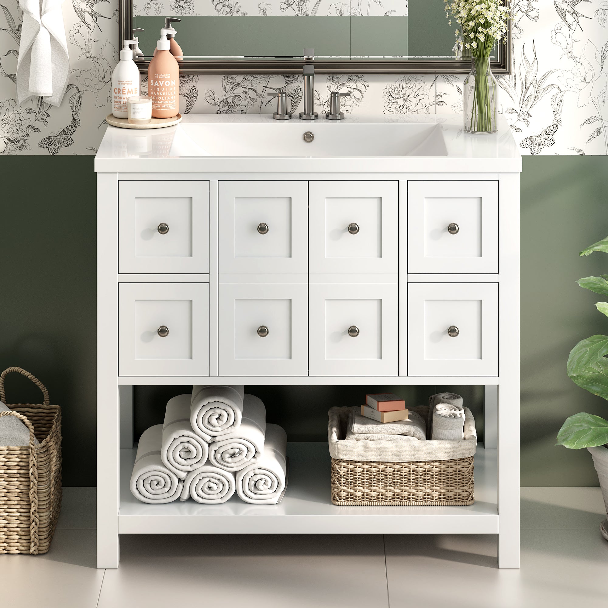 36'' Bathroom Vanity with Undermount Sink,Free Standing Vanity Set with 4 Drawers& Soft Closing Doors,Solid Wood Frame Bathroom Storage Cabinet (Same as SW000123AAK)
