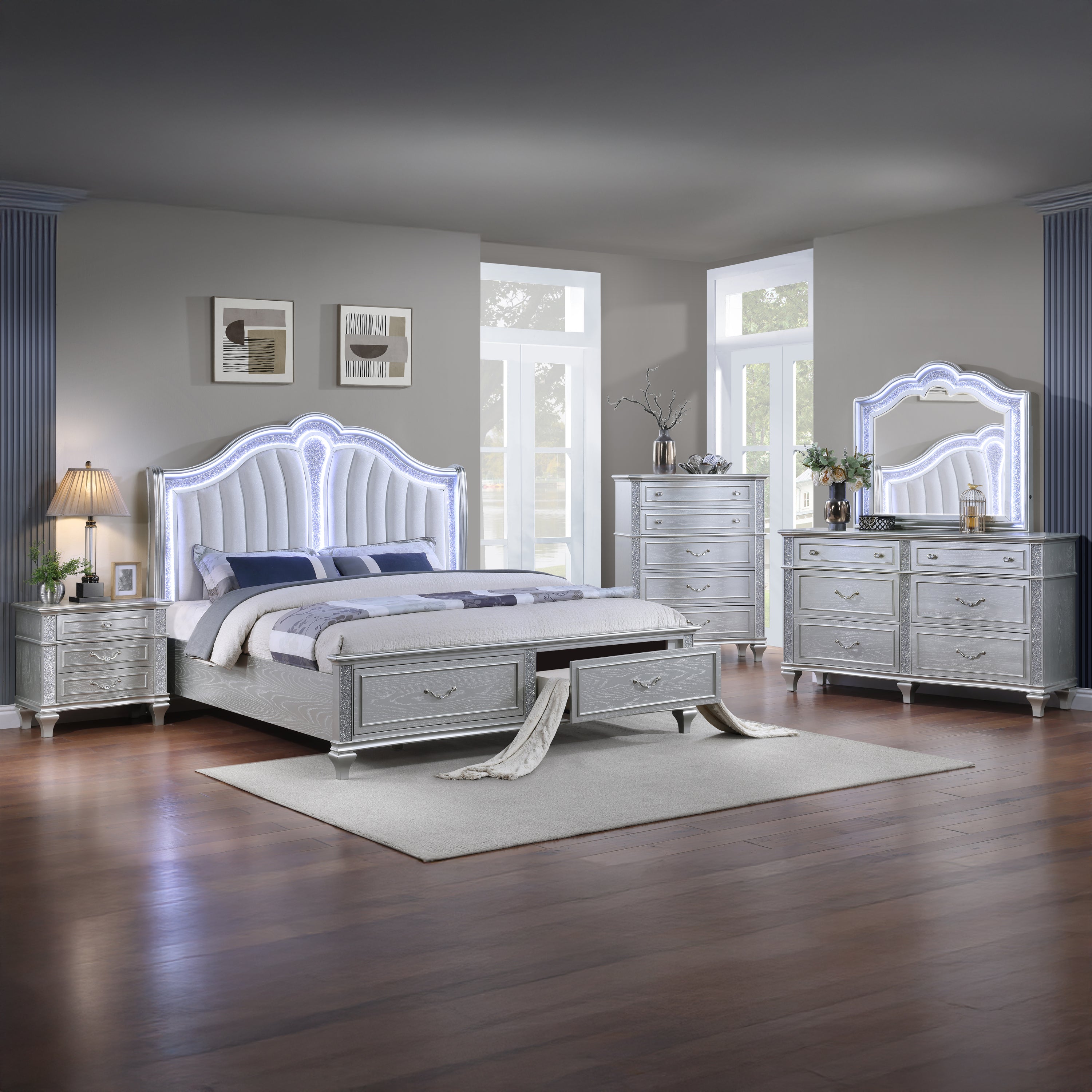 Mystic Contemporary Style Upholstered LED headboard King 5PC Bedroom Set made with Wood in Silver(NJ Inventory)