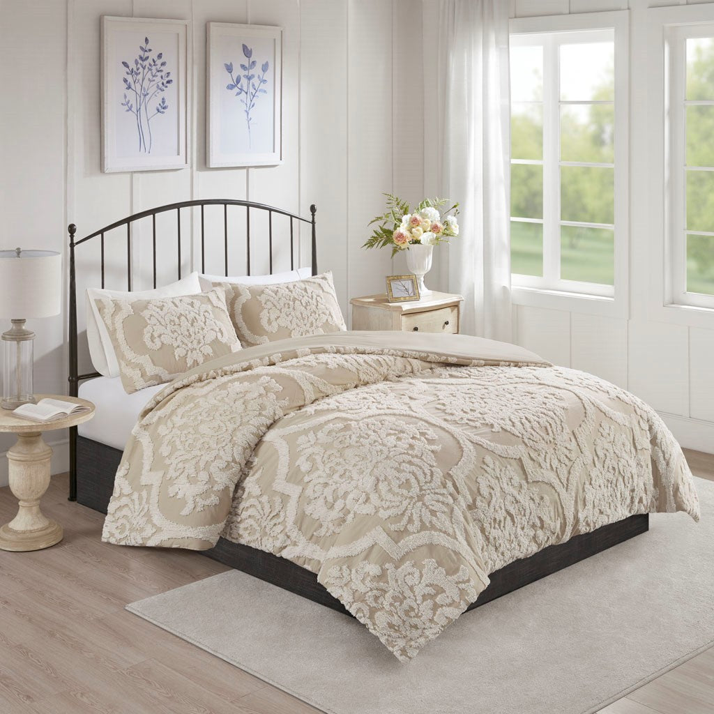 Full/Queen 3 piece Tufted Cotton Chenille Damask Duvet Cover Set