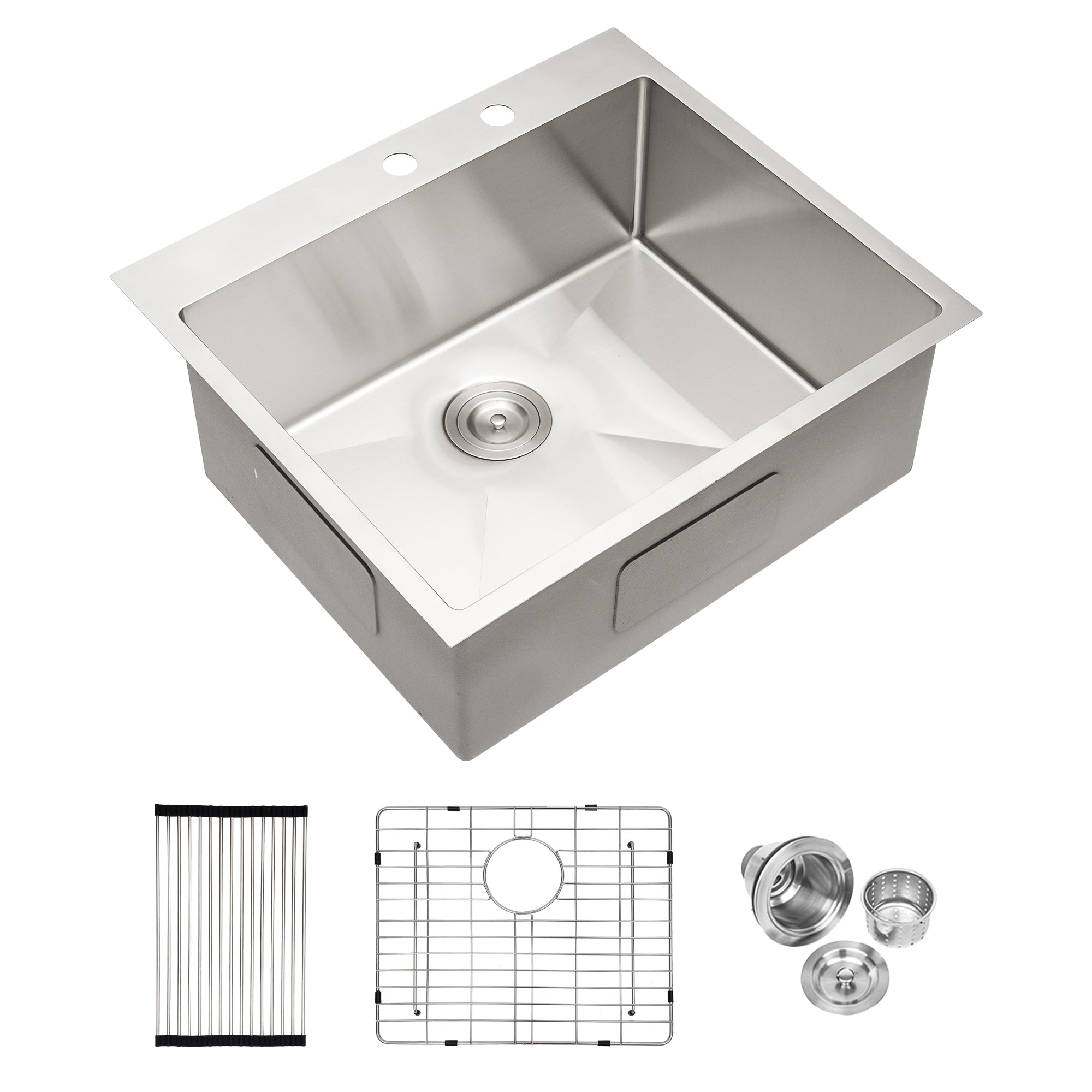 Stainless Steel Drop-In Kitchen Sink 25 Inch Topmount 16 Gauge R10 Deep Single Bowl Brushed Nickel