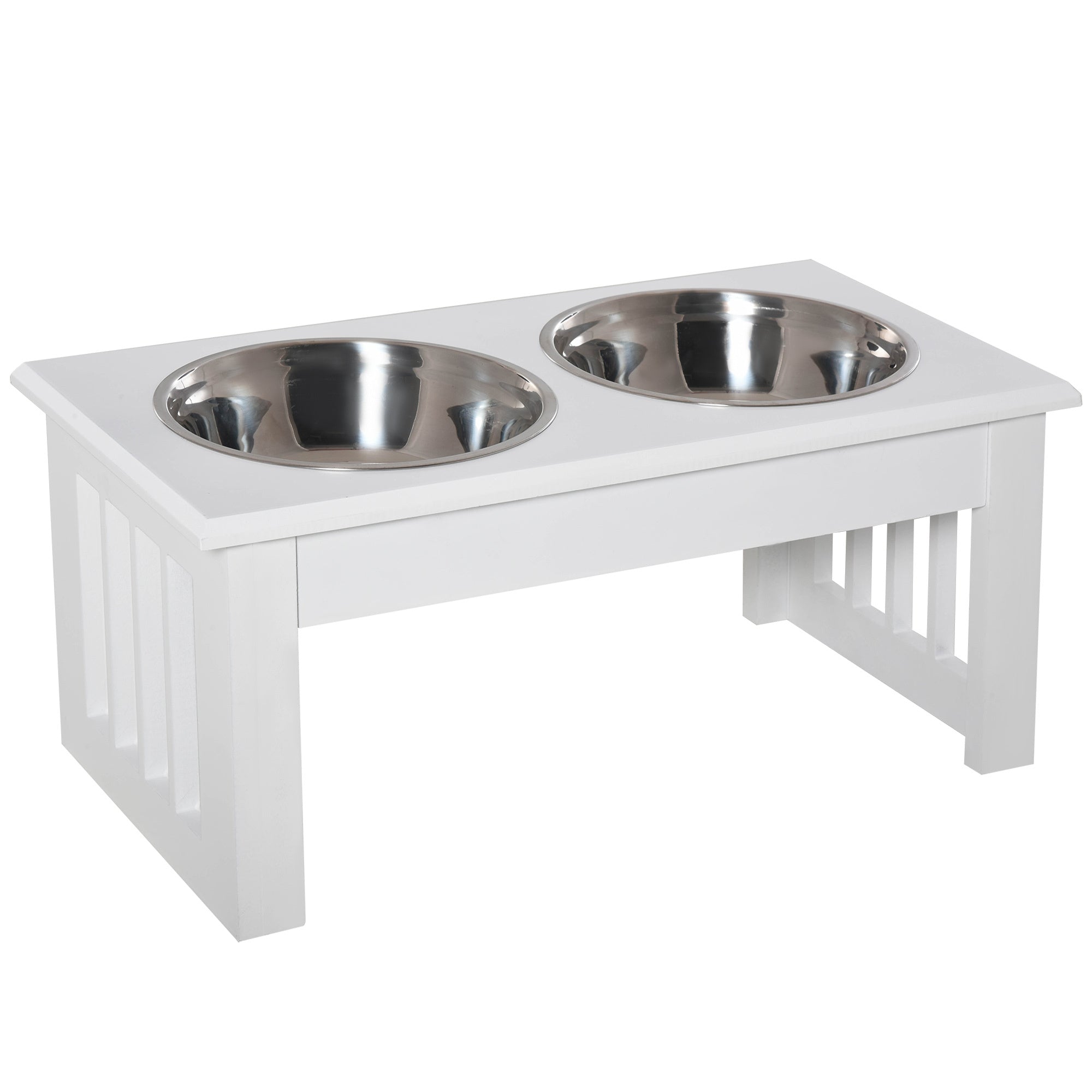 PawHut 6' Height Small Puppy Dog Feeding Station for Messy Pets, Stainless Steel Elevated Dog Bowls with Modern Wooden Frame, Dog Food Stand Pet Feeding Station, White