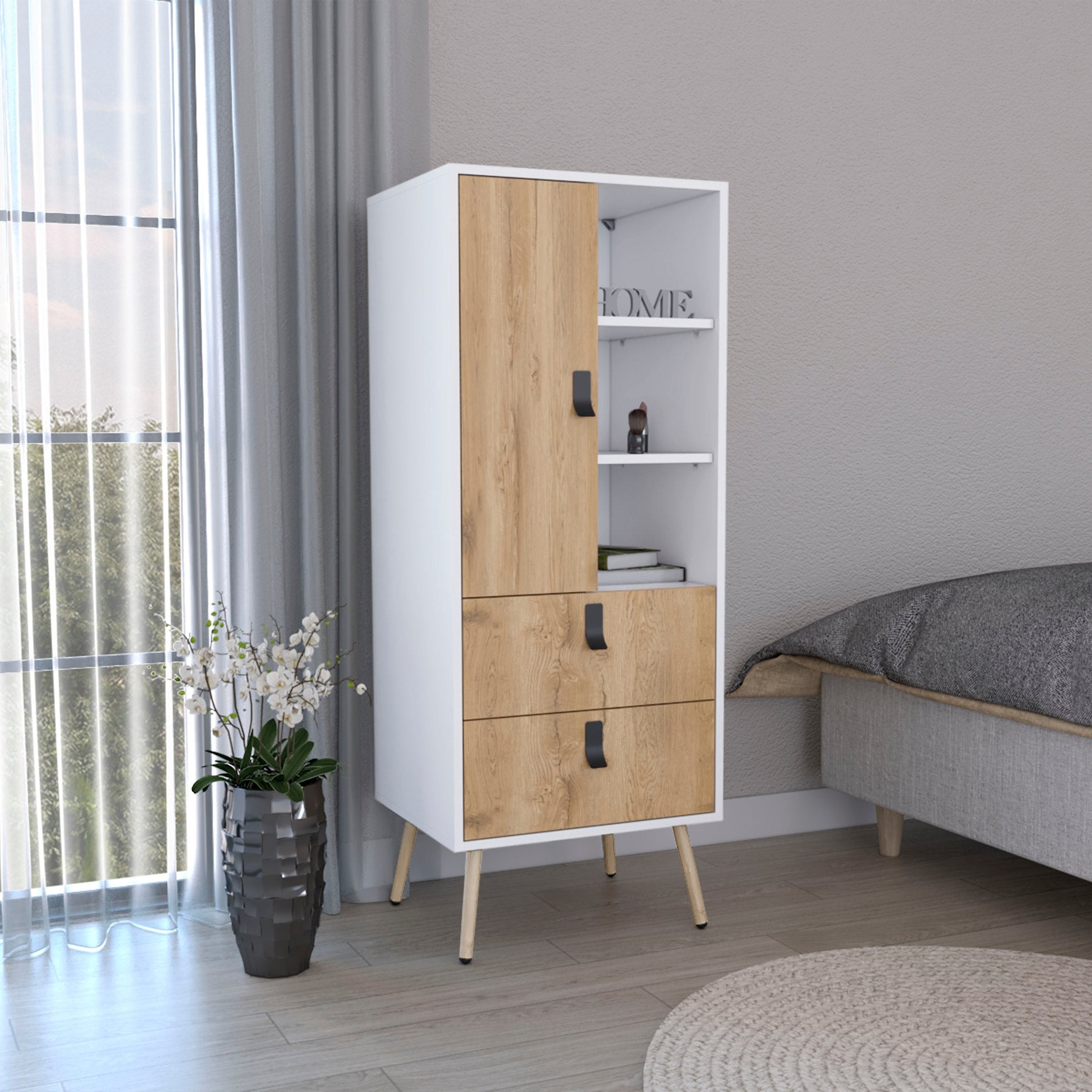 Huna Tall Dresser, Unit with Door, 2 Drawers, and Open Shelves