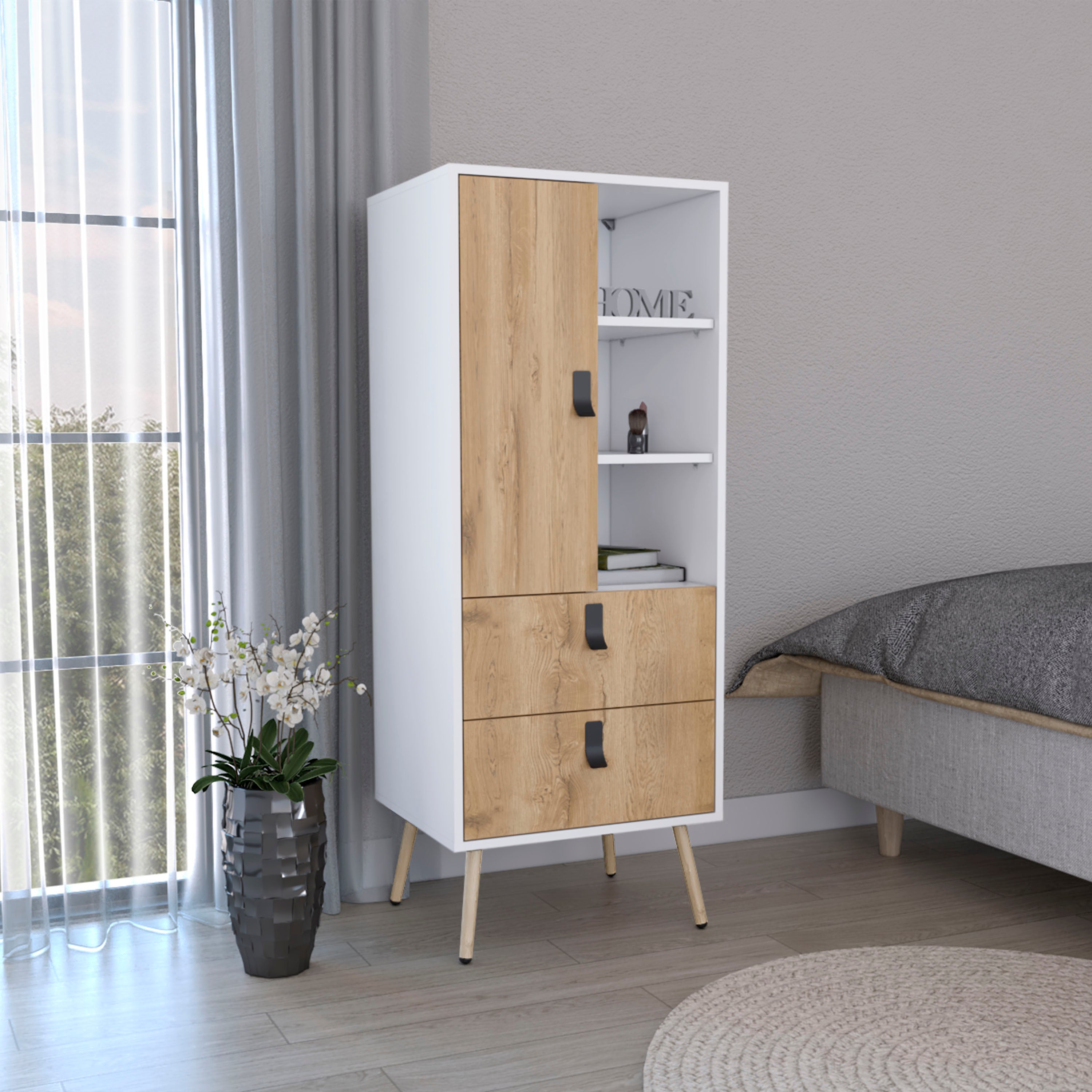 Huna Tall Dresser, Unit with Door, 2 Drawers, and Open Shelves