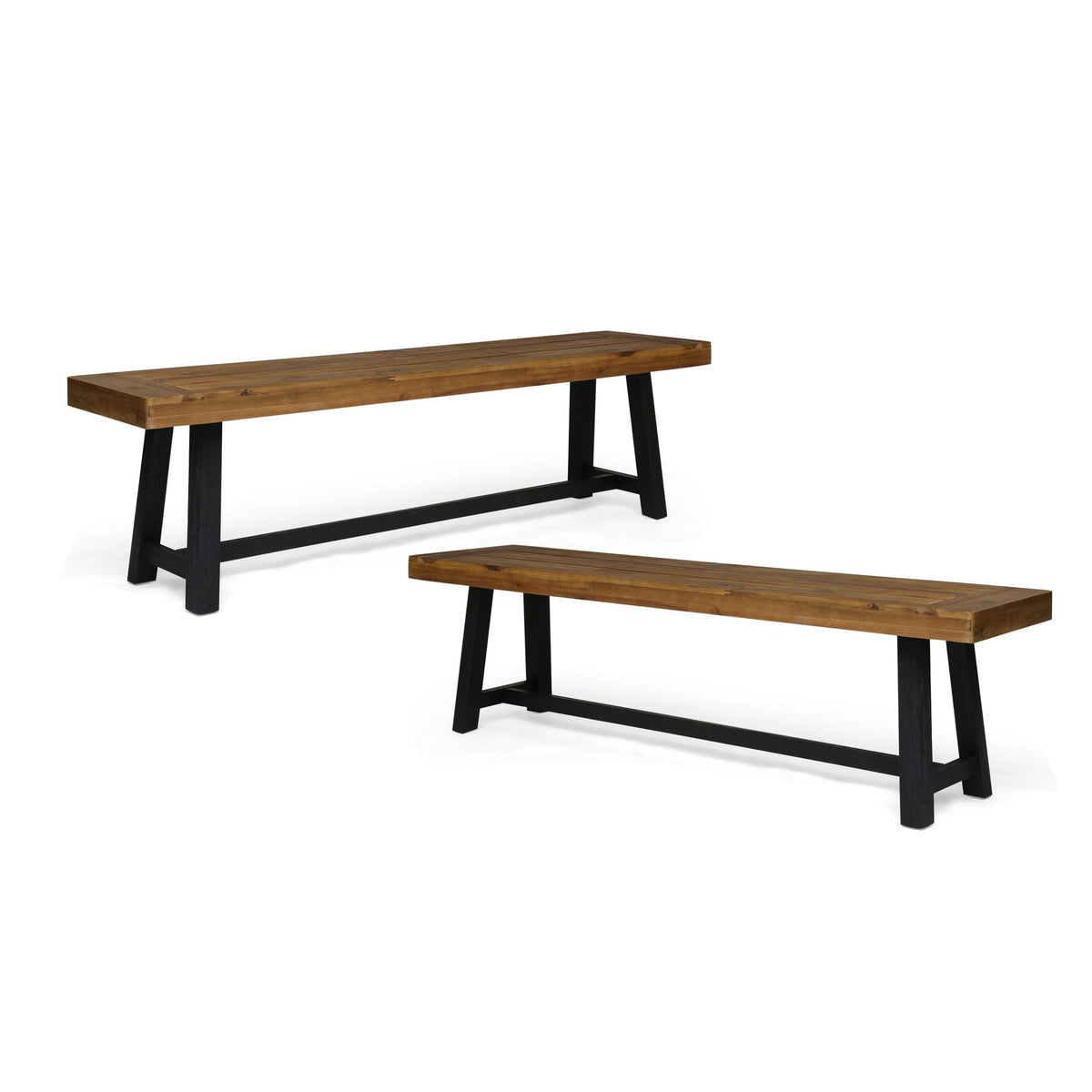Cloud Outdoor Bench with Acacia Wood Frame and Slat Panel Design, Set of 2,Sandblast Teak Finish and Black