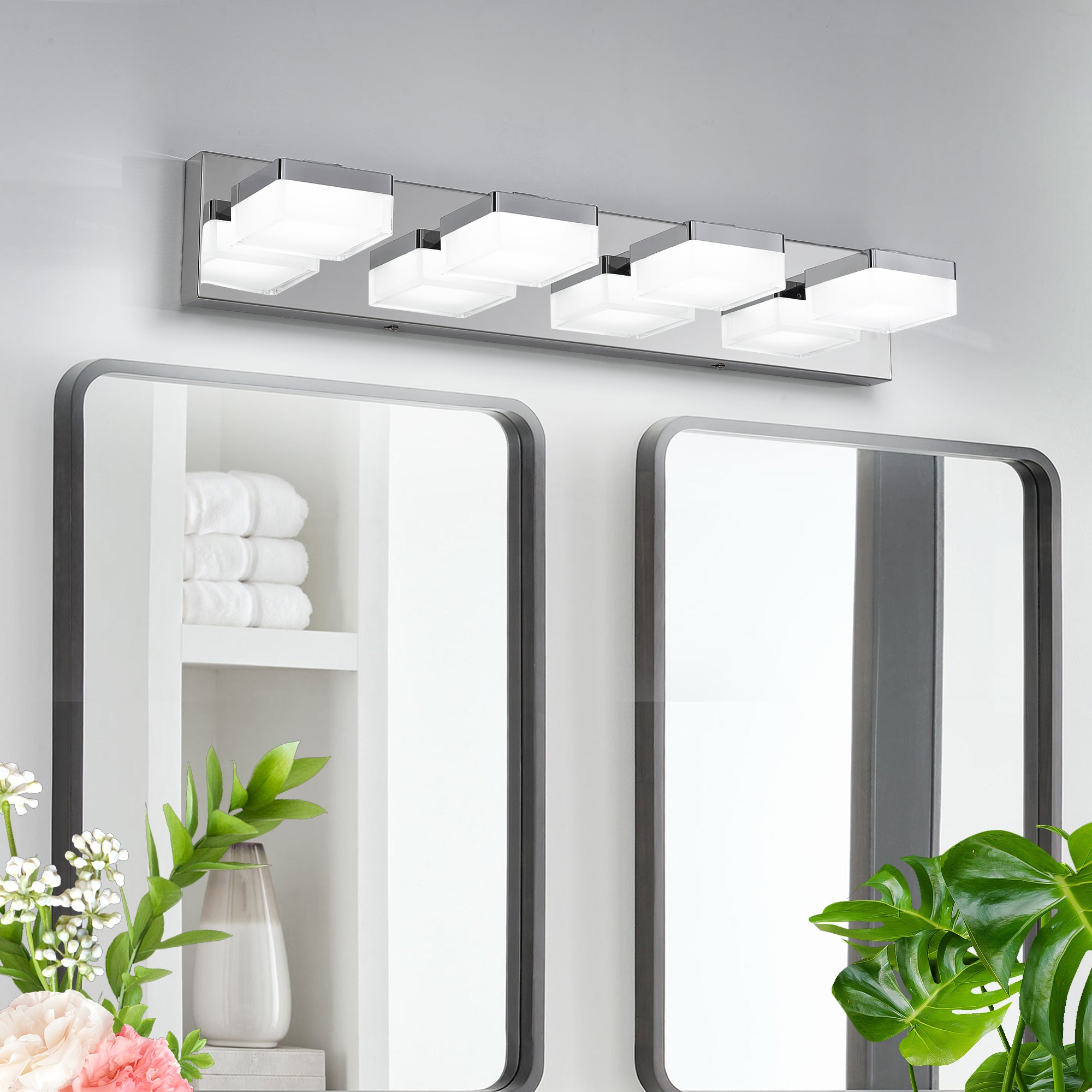 Modern Chrome LED Vanity Light, 4-Lights Wall Sconce for Bathroom and Mirror, Sleek Minimalist Design, Energy-Efficient, Easy to Install