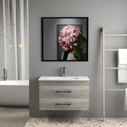 32-Inch Grey Wood Grain Wall-Mounted Bathroom Vanity with Double Drawers, Soft-Close System,White Ceramic Sink, and Black Aluminum Frame Mirror – Create a Modern and Minimalist Bathroom Space!Gray