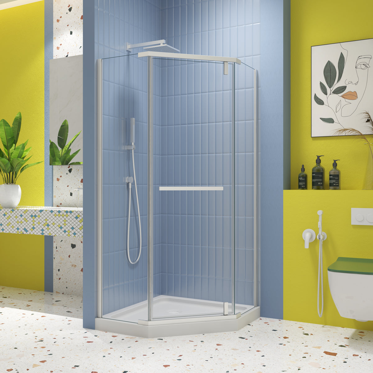 Pivot shower door, with 1/4' tempered glass , 34.75 in. x 72 in. Frameless Neo-Angle Pivot Shower Enclosure in Matte White.