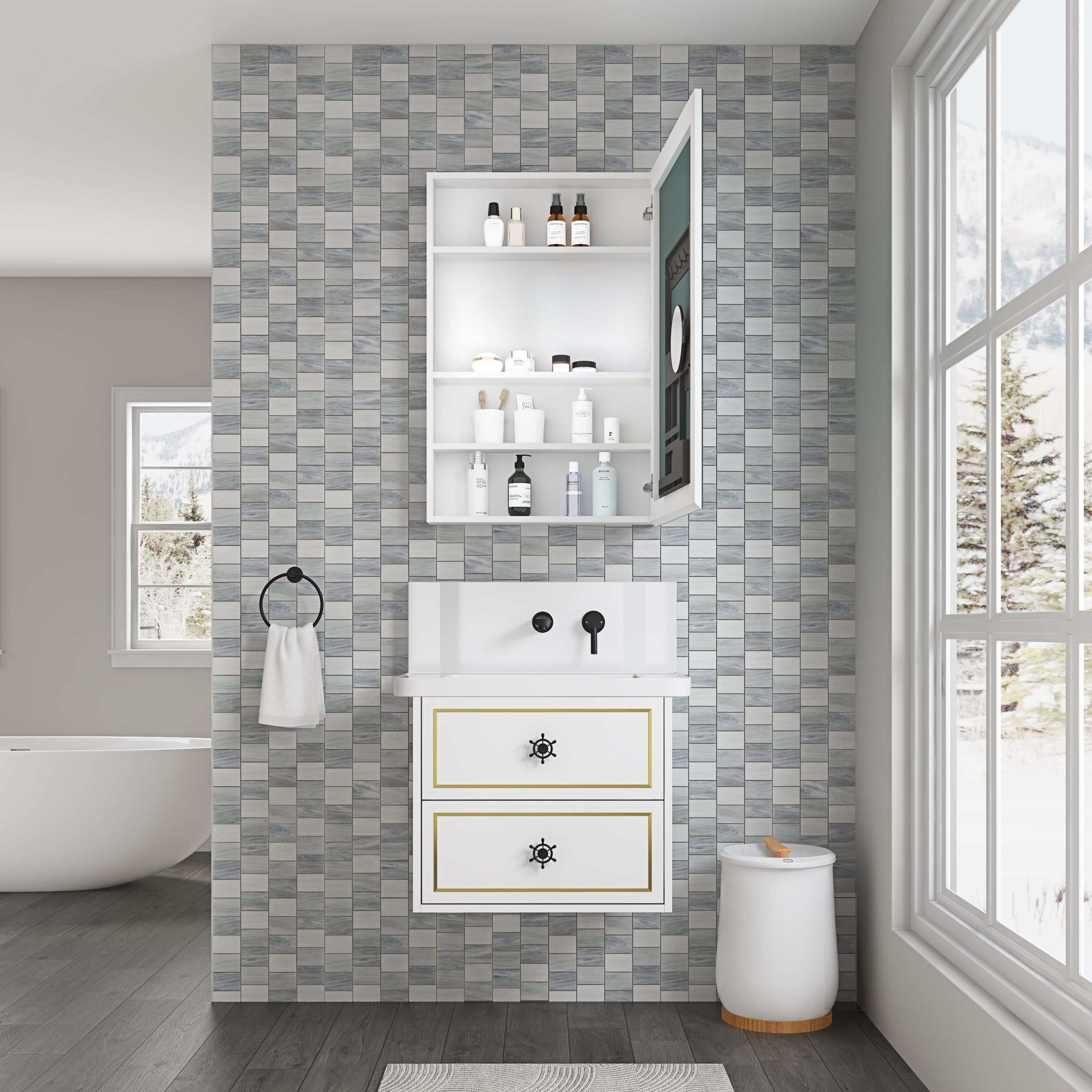 24'' W x 36'' H Surface Frameless Mirror Medicine Cabinet, Beveled Mirror Edges Bathroom Medicine Cabinet, Right opening door