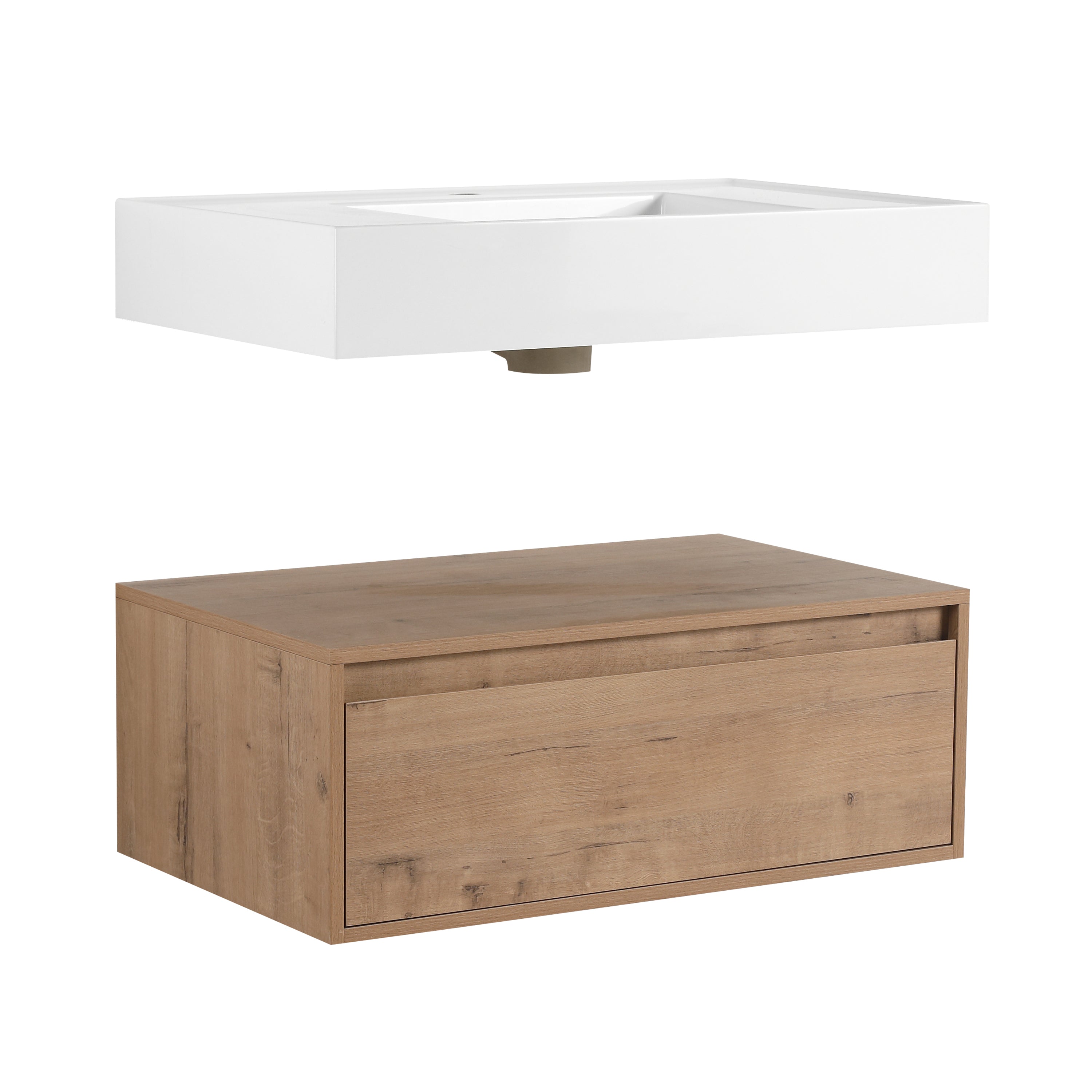 Modern Wall-Mounted Bathroom Vanity with Resin Sink and Soft Close Drawer in Imitative Oak Finish