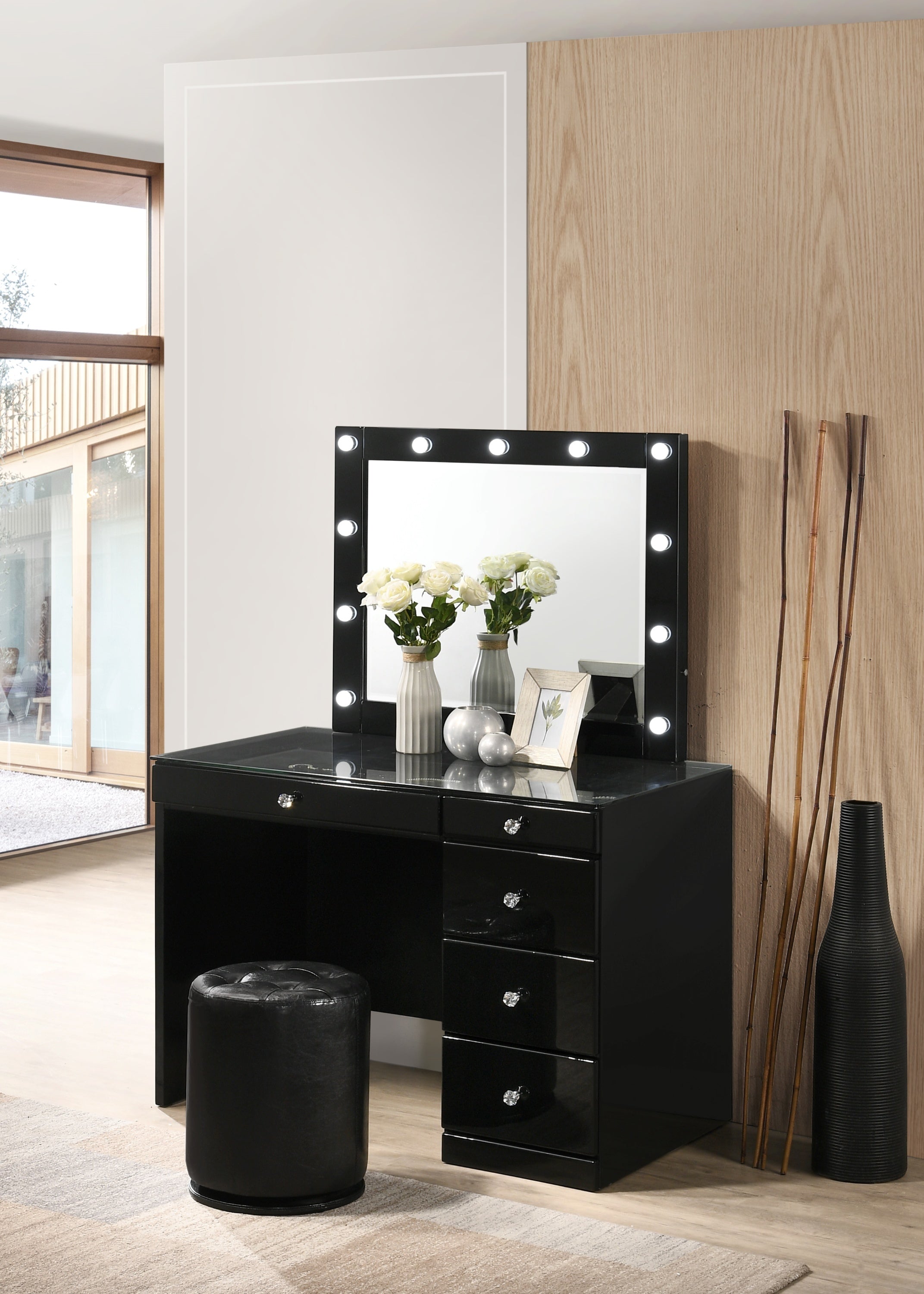 3pc Black Makeup Vanity Set Lighted Mirror Glass Top 5 Drawers Crystal Knobs Round Stool Wooden Bedroom Furniture Black